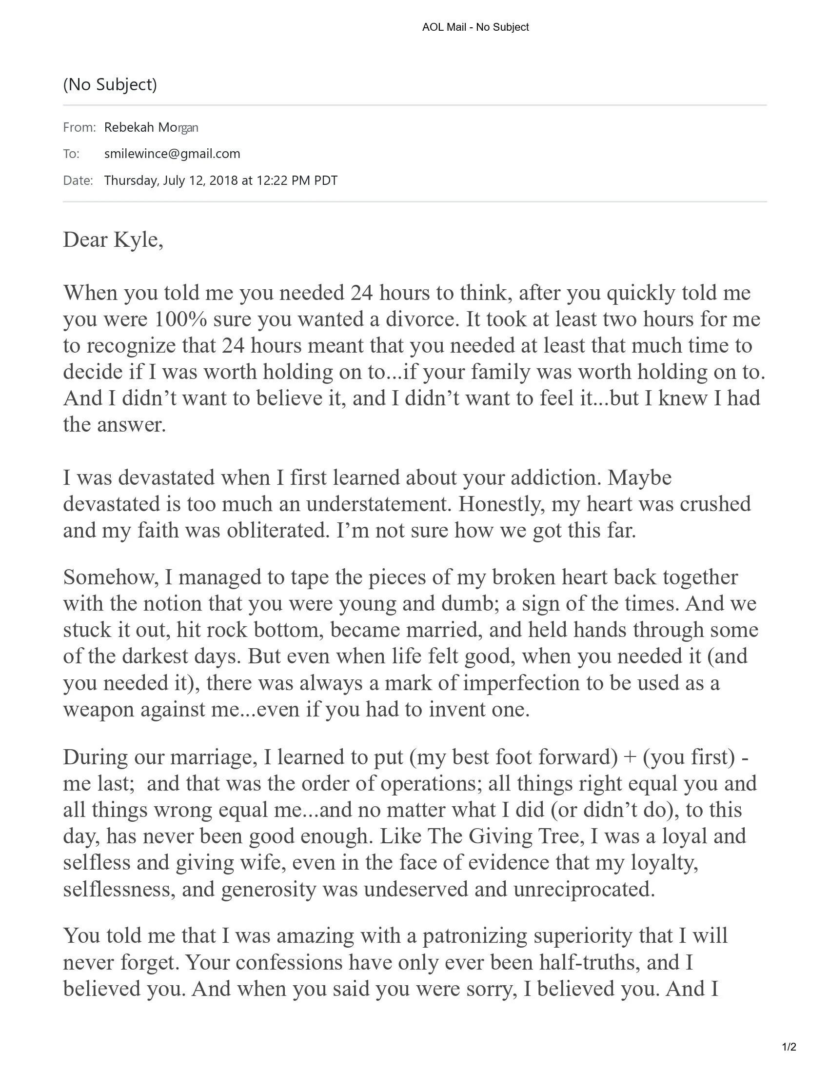 First page of a July 12, 2018 email from Rebekah Morgan to Kyle Morgan. The visible text describes threatened divorce, betrayal, an addiction, half-truths, blame, impossible standards, and feeling that nothing she did was good enough.