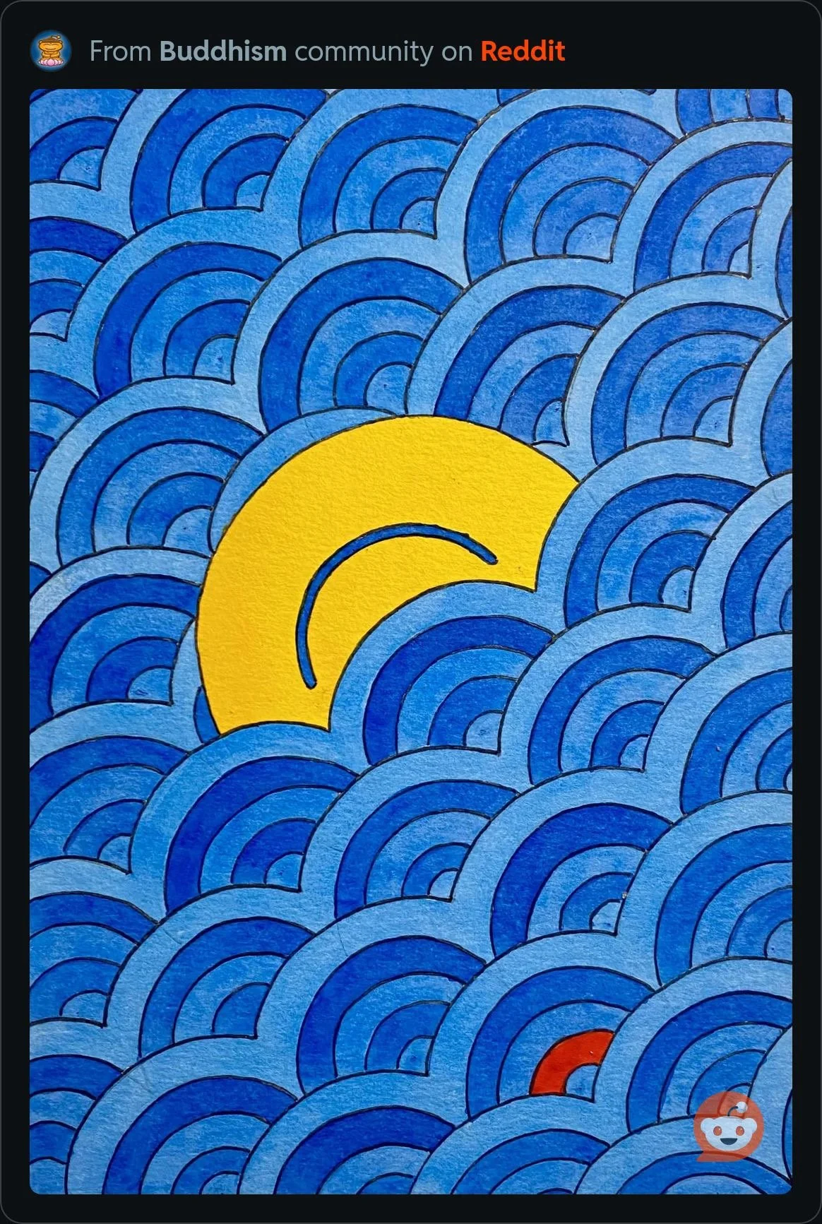 Blue wave-pattern artwork containing a large partially submerged yellow circular form and a small red shape among the waves.