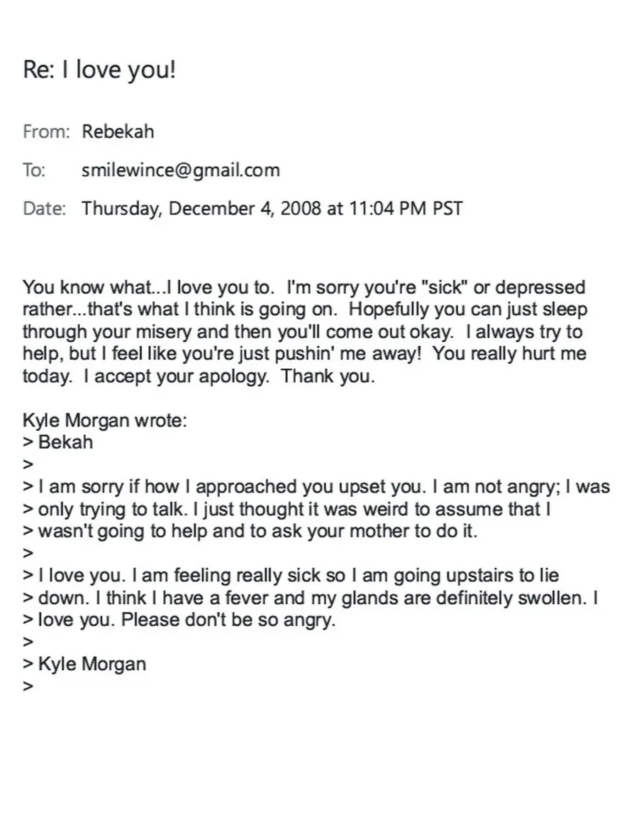 December 4, 2008 email exchange in which Rebekah describes being hurt, receives an apology, and returns to expressing concern and love.