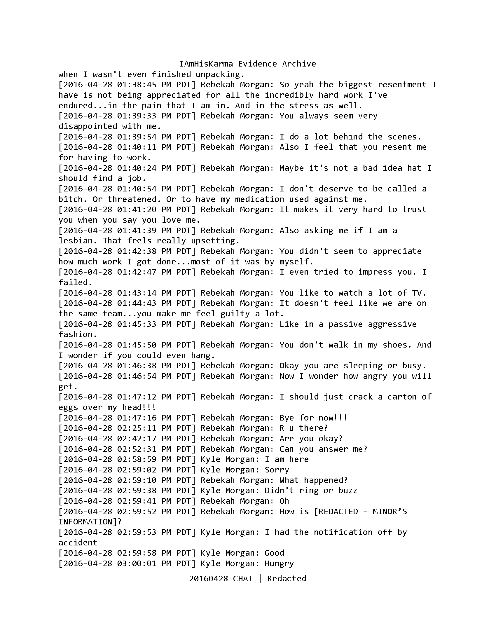Redacted April 28 iChat transcript showing Rebekah describing household labor, exhaustion, physical pain, and relationship grievances.