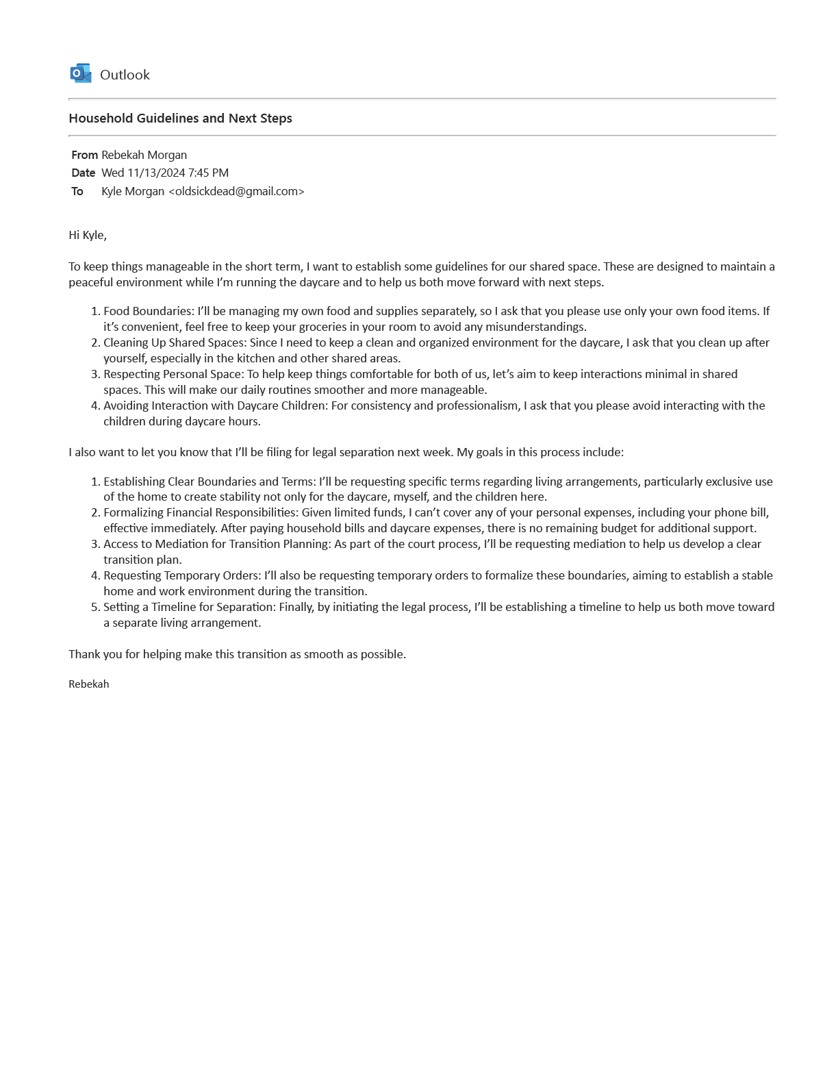 Outlook email dated November 13, 2024 from Rebekah Morgan to Kyle setting household guidelines and describing plans for legal separation and separate living arrangements.