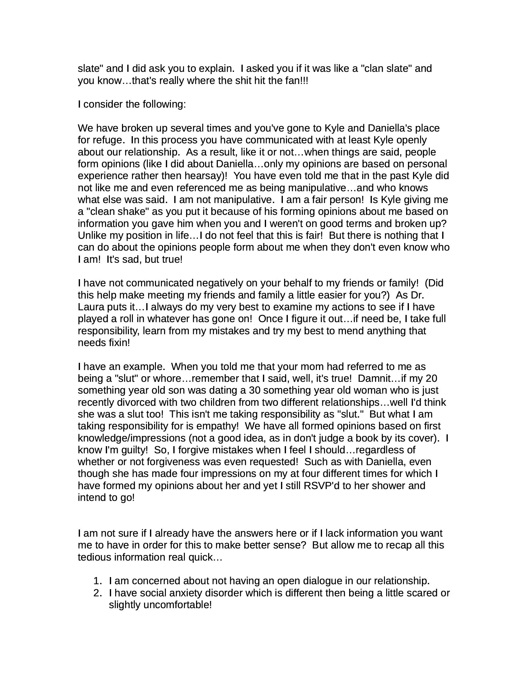 Page 4 discussing prior breakups, outside conversations, empathy, and personal responsibility.