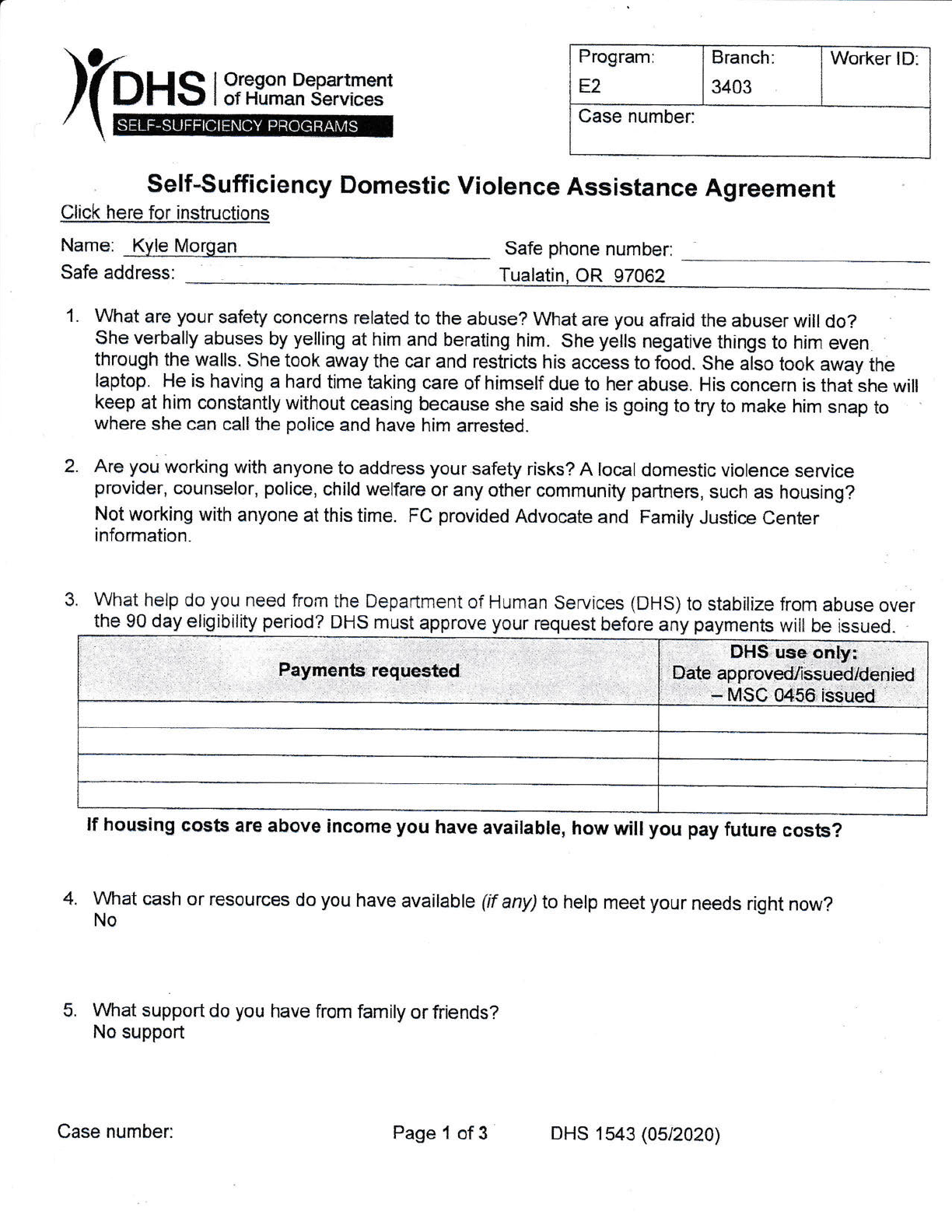Redacted first page of Kyle’s December 2024 TA-DVS agreement containing allegations about verbal treatment, vehicle access, food, a laptop, self-care, and possible police involvement.
