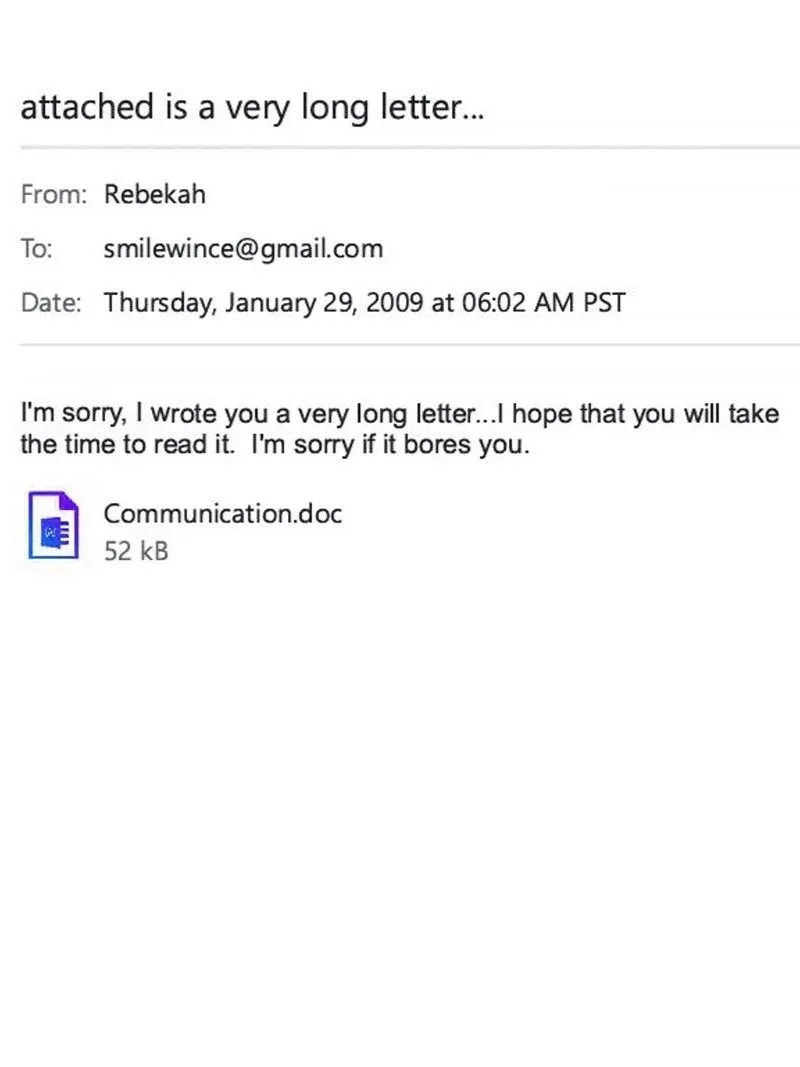 January 29, 2009 email from Rebekah apologizing for the length of an attached letter and asking Kyle to take time to read it.