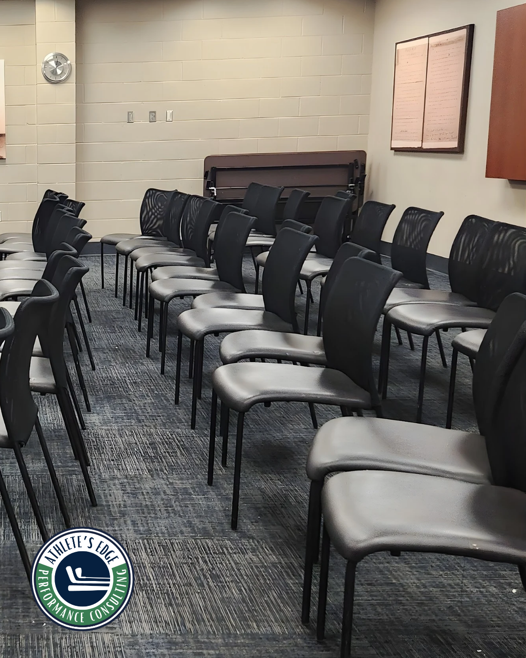 Team workshop environment prepared for mental performance training and athlete development with Jen Prouty from Athlete's Edge Performance Consulting
