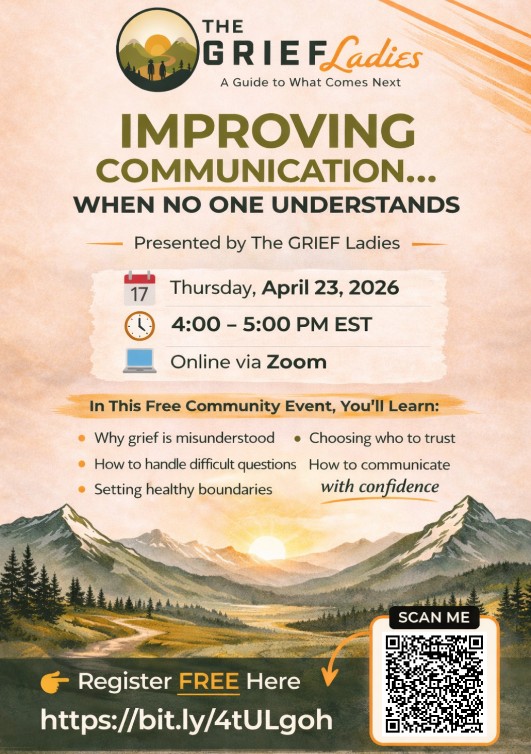 Free online grief support event on improving communication after loss. Learn how to respond to grief comments, set boundaries, and navigate relationships when people misunderstand your grief.