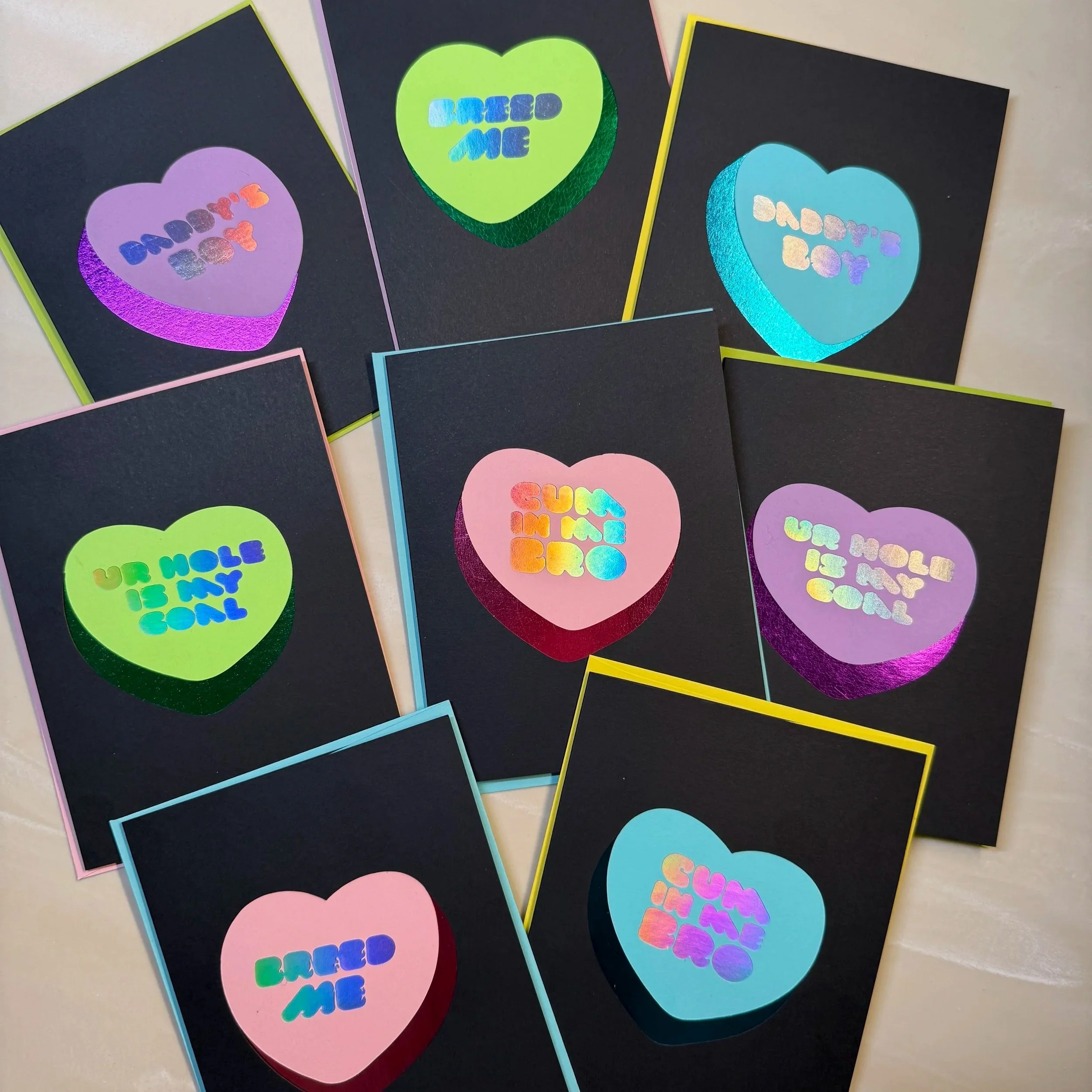 Horny Conversation Hearts GAY Greeting Cards (Layered Paper Collage)