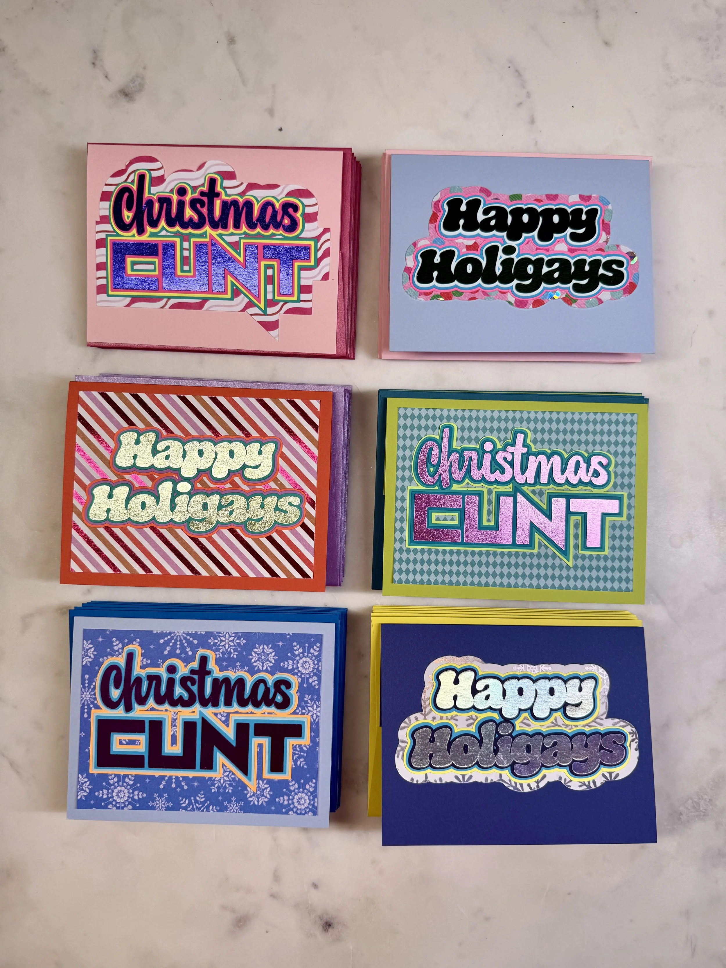 'Christmas CUNT' & 'Happy HoliGay' Greeting Cards (Layered Paper Collage)