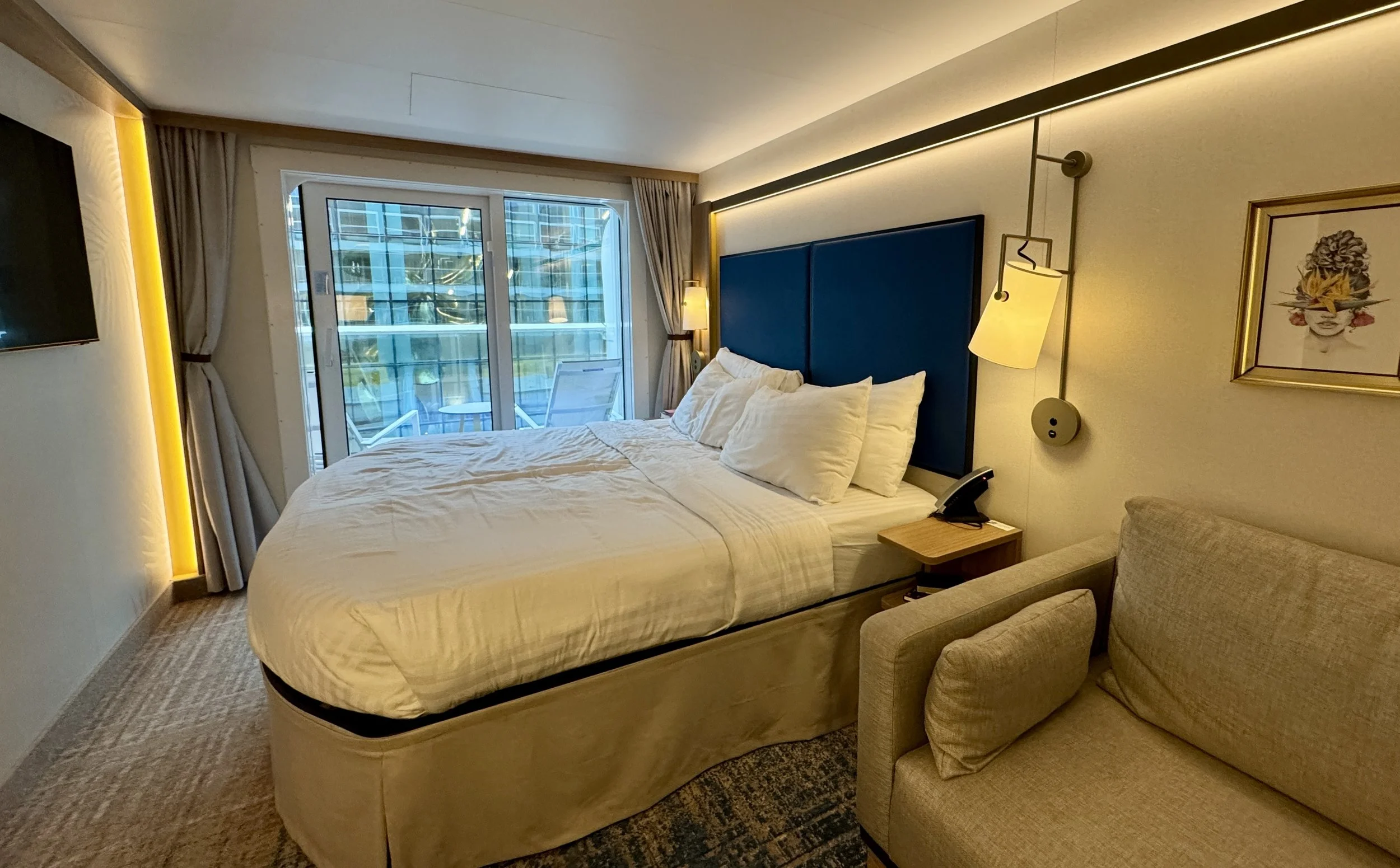 Here's our balcony cabin, there was tons of storage under the king sized bed