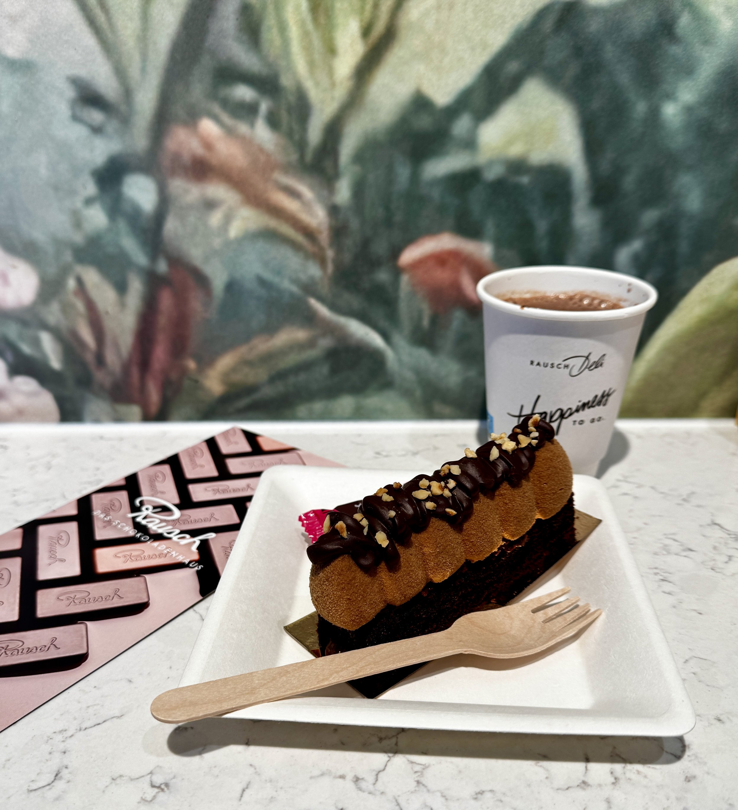 Chocolate hazelnut mousse cake and hot chocolate at Rausch chocolatier in Berlin