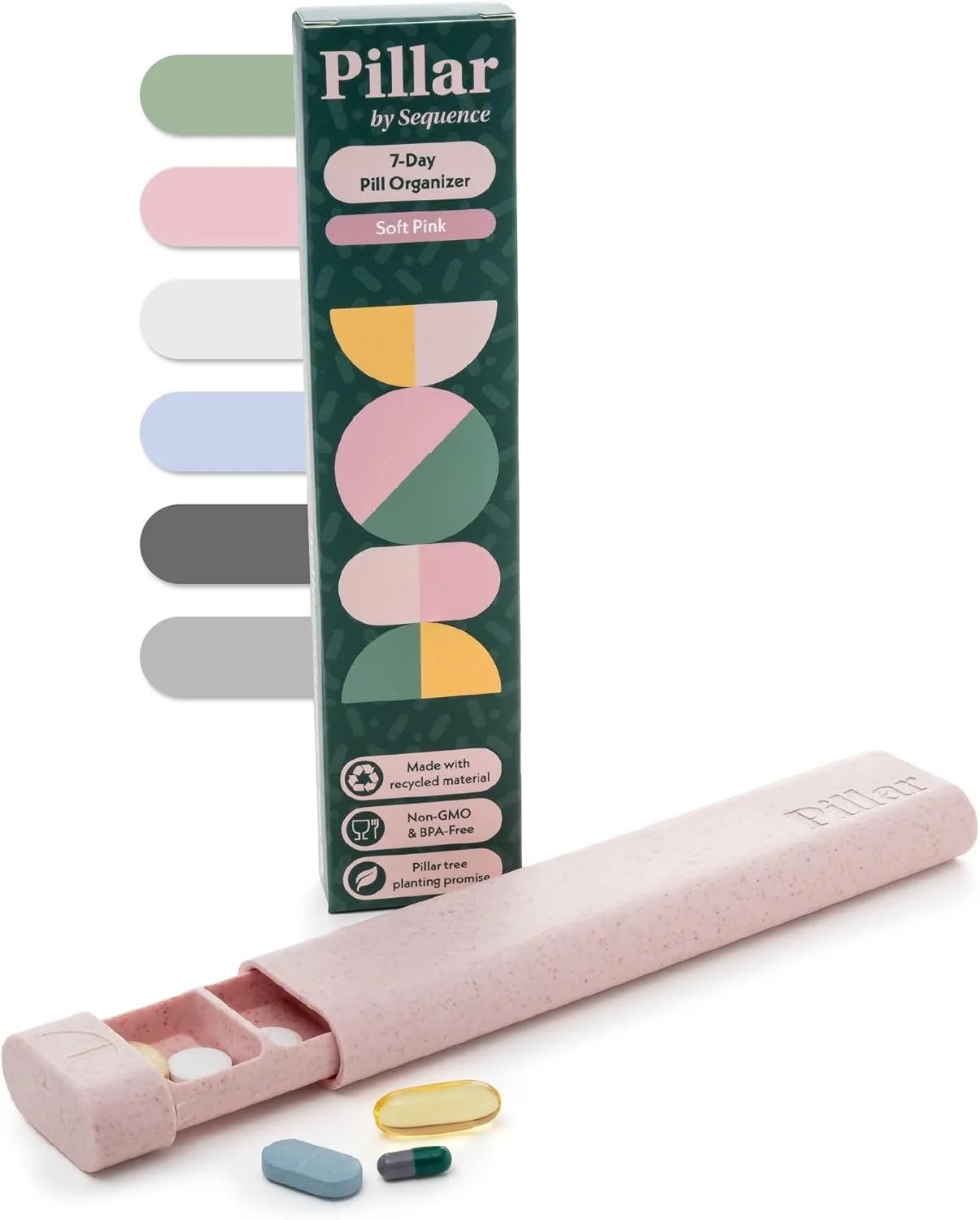 The ideal travel pill container, you can buy multiple colors for different family members and the design fits well into a purse or travel pack