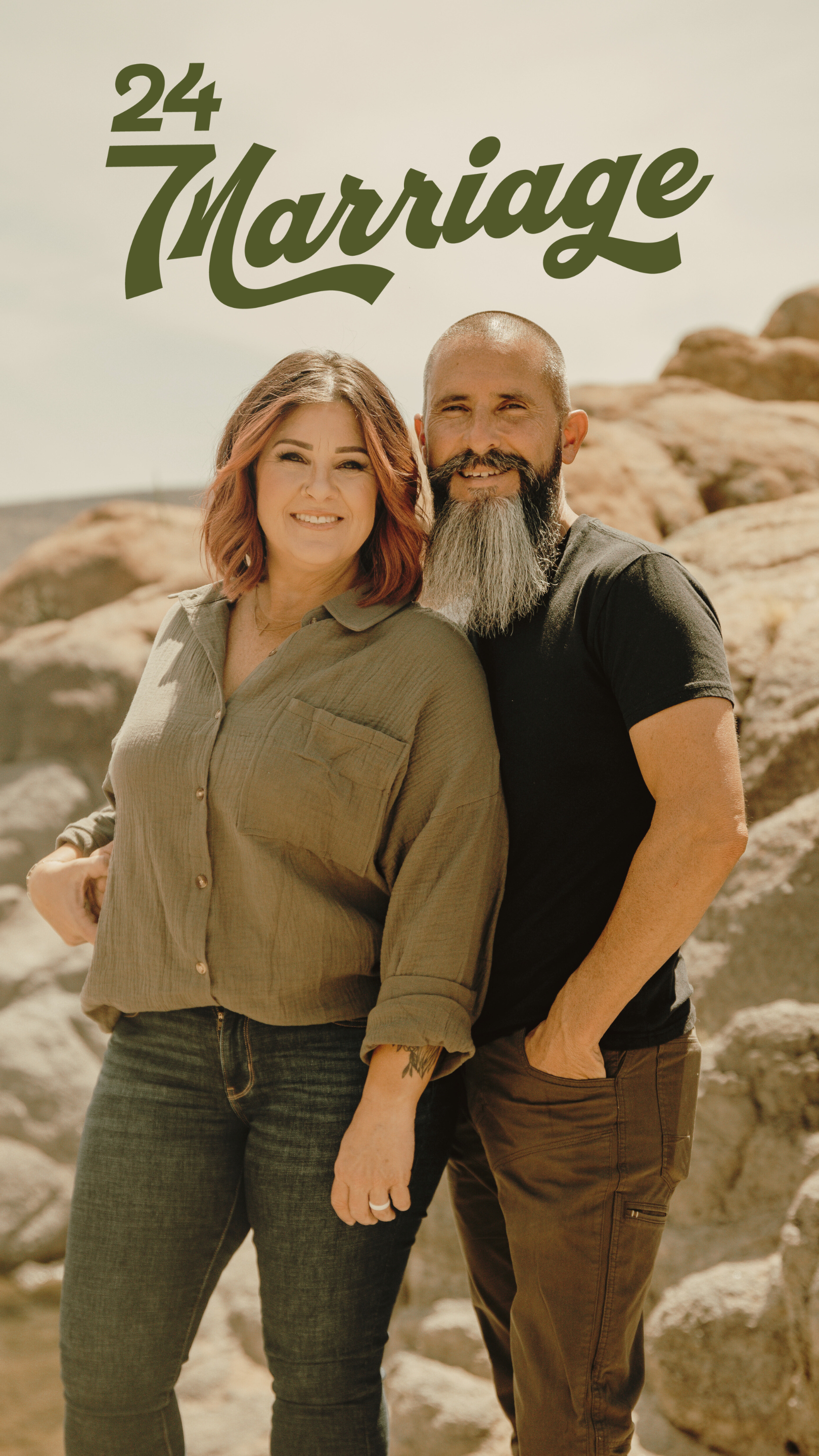 A smiling couple standing outdoors near rocks, with the words '24 Marriage' written at the top.
