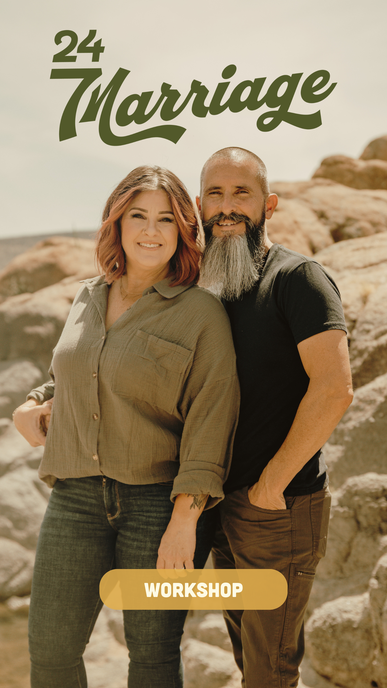 A smiling couple stands outdoors with rocks in the background, promoting a marriage workshop with the text '24 Marriage' and 'Workshop' on the image.