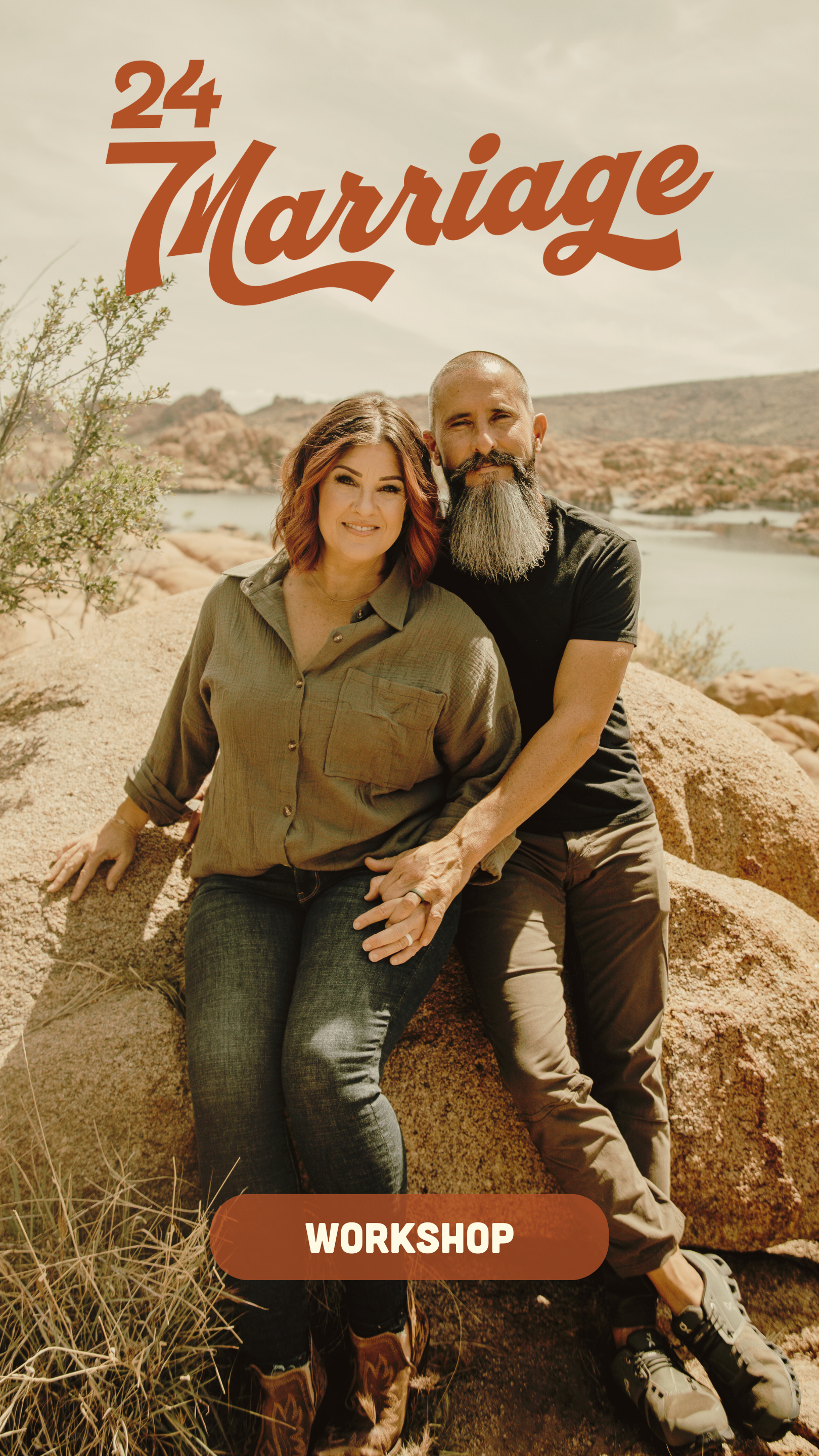 A couple sitting on a large rock outdoors with a lake and hills in the background, promoting a marriage workshop.