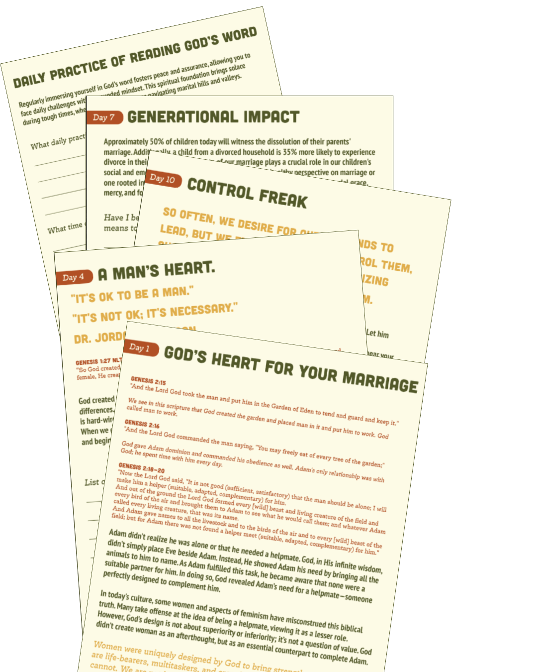 Collection of religious and motivational reading guides with titles like 'Daily Practice of Reading God's Word,' 'Generational Impact,' 'Control Freak,' 'A Man's Heart,' and 'God's Heart for Your Marriage.'