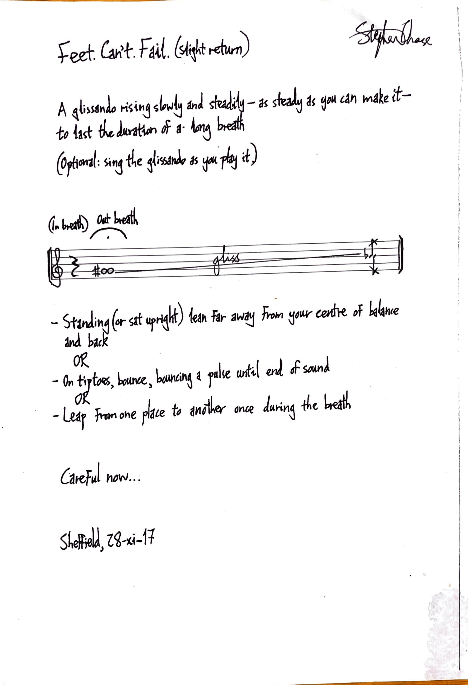 Handwritten notes titled 'Feet Can't Fail (slight return)' by Stephen Chase, illustrating a breathing exercise with musical notation and instructions for breathing techniques.