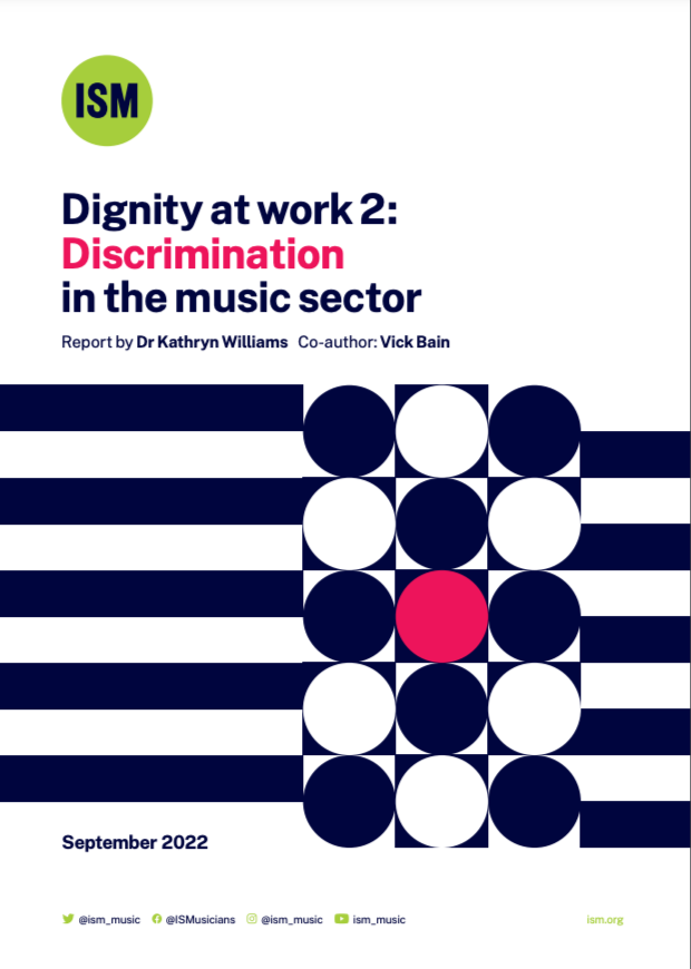 Cover page of a report titled "Dignity at work 2: Discrimination in the music sector" by ISM, dated September 2022, featuring a geometric design of circles and stripes in dark blue, white, and pink. It includes social media handles and the ISM websit