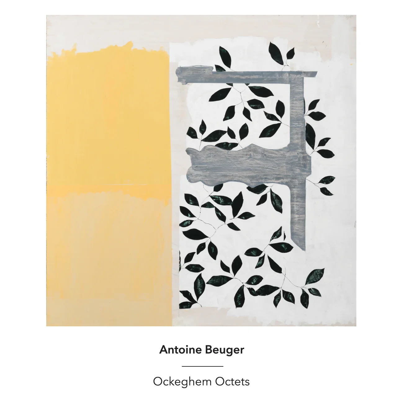 Contemporary abstract painting by Antoine Beuger, featuring a large gray wooden structure with black leafy vines and a yellow and beige background.