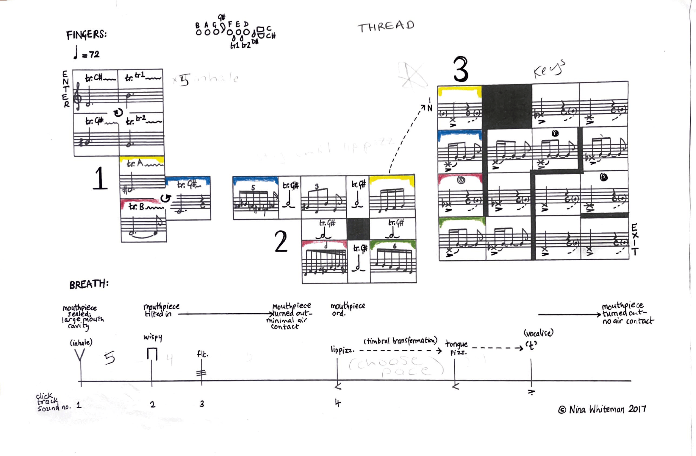 Diagram of a musical score with annotations, color highlights, and handwritten notes related to finger positioning, breath, and musical techniques, authored by Nina Whiteman in 2017.