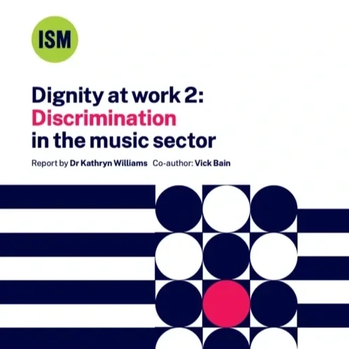 Cover page of a report titled "Dignity at work 2: Discrimination in the music sector" by Dr. Kathryn Williams with co-author Vick Bain, featuring a graphic design of circles and horizontal lines in blue, white, and pink.