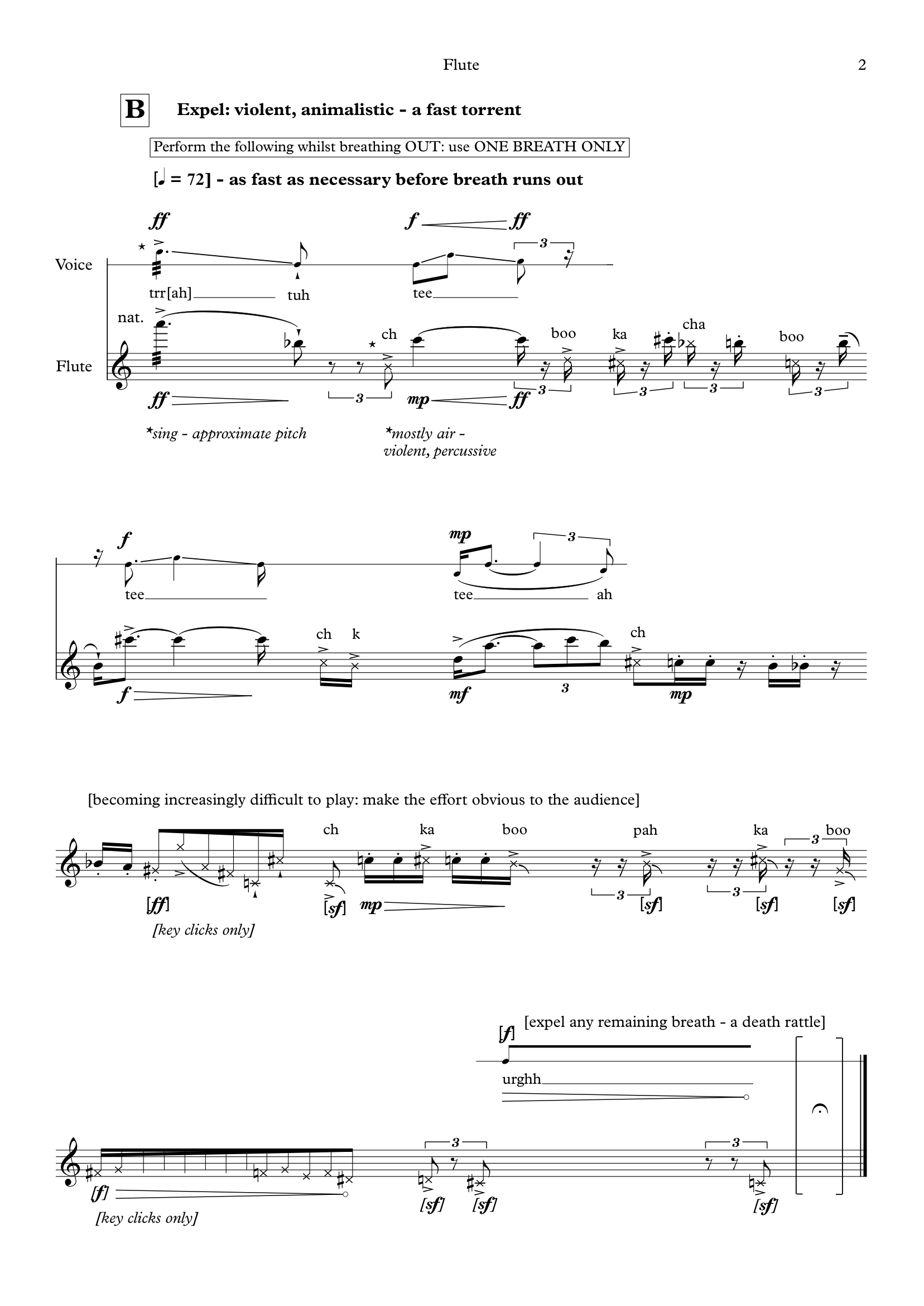 Sheet music titled "Expel: violent, animalistic - a fast torrent" for flute and voice, with performance instructions and musical notation, including dynamics, tempo, and expressive markings.