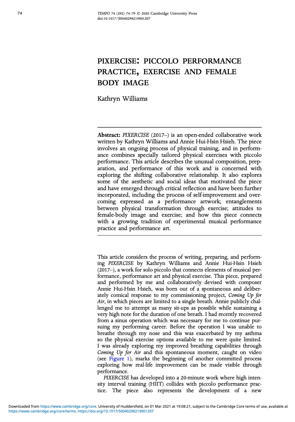 The image shows a journal article titled 'Pixercise: Piccolo Performance Practice, Exercise and Female Body Image' by Kathryn Williams, discussing a collaborative work involving physical training and performance art.