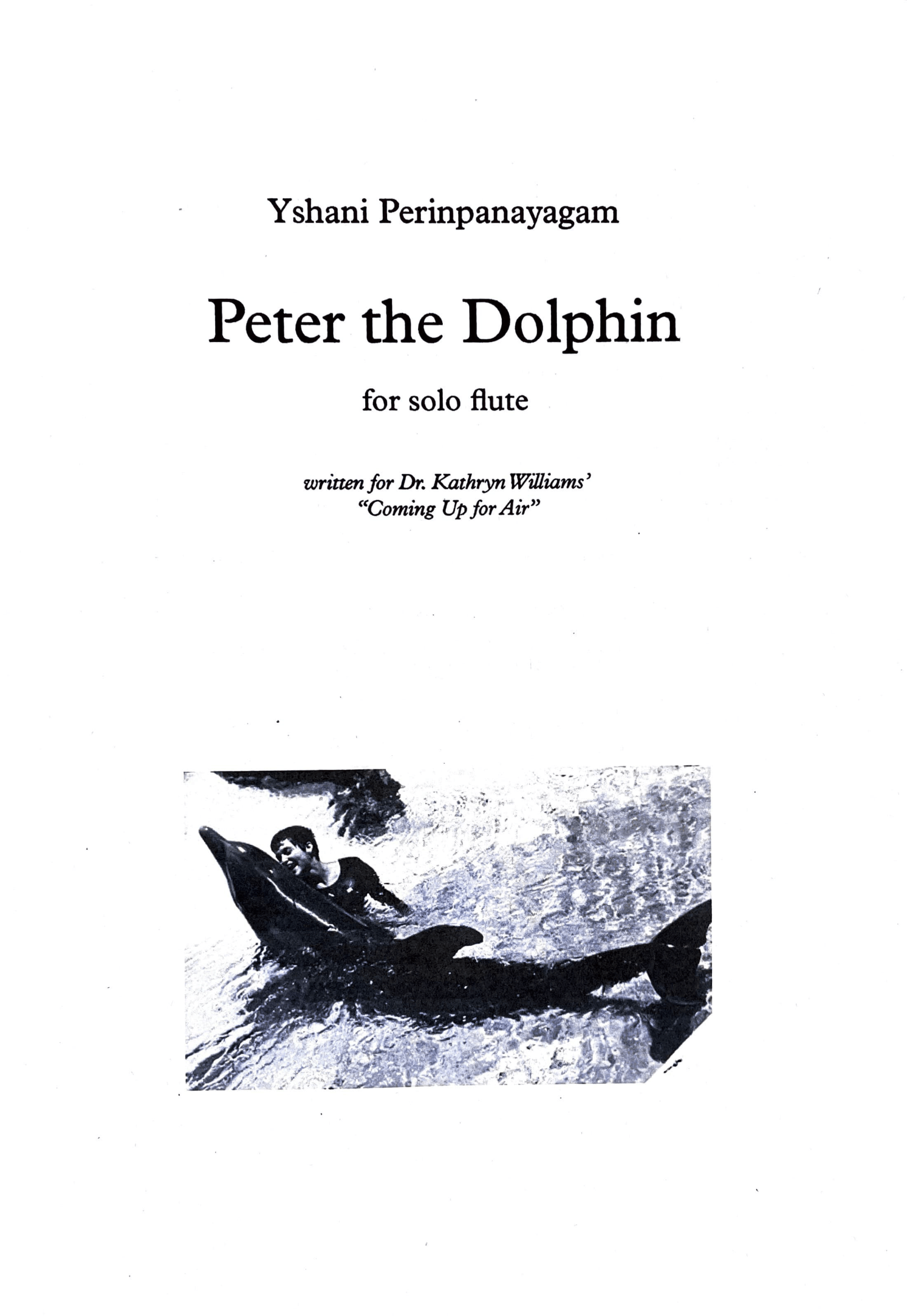 Sheet music cover page titled 'Peter the Dolphin' for solo flute, featuring a black-and-white photo of a dolphin leaping out of the water with a child in the background.