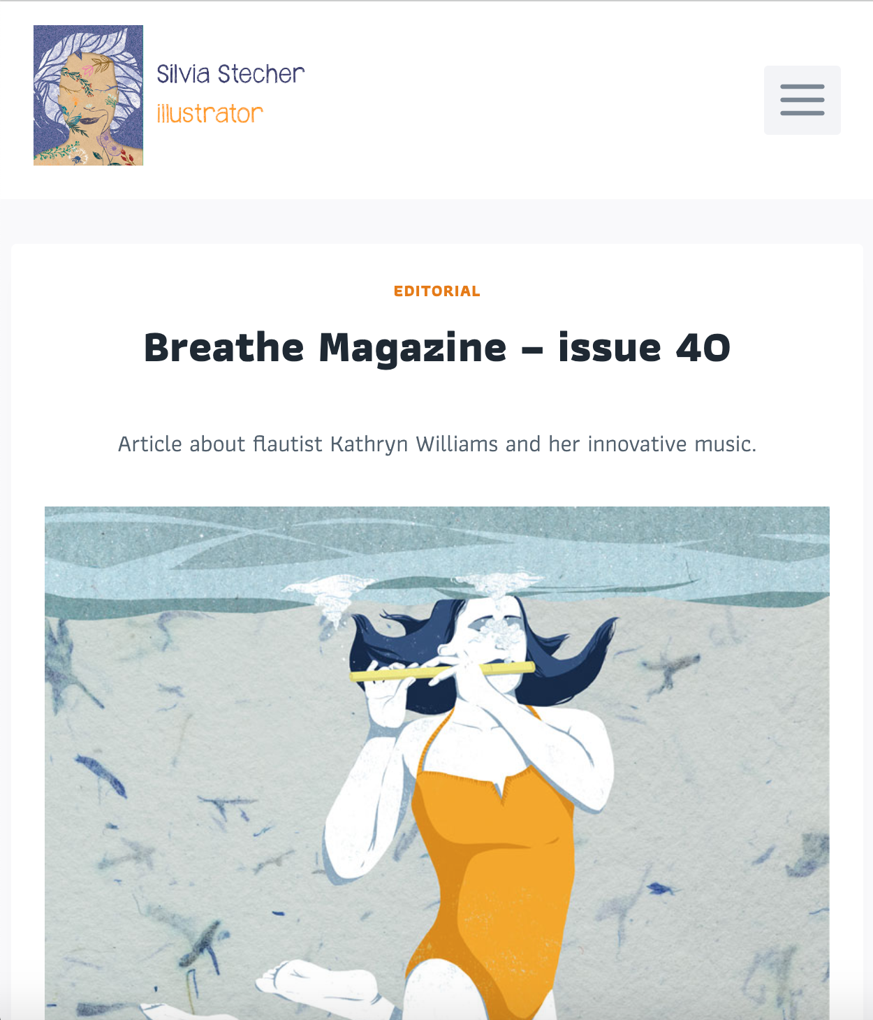 Digital illustration of a woman with dark hair and pale skin, wearing an orange swimsuit, playing a flute underwater surrounded by fish and other aquatic life.