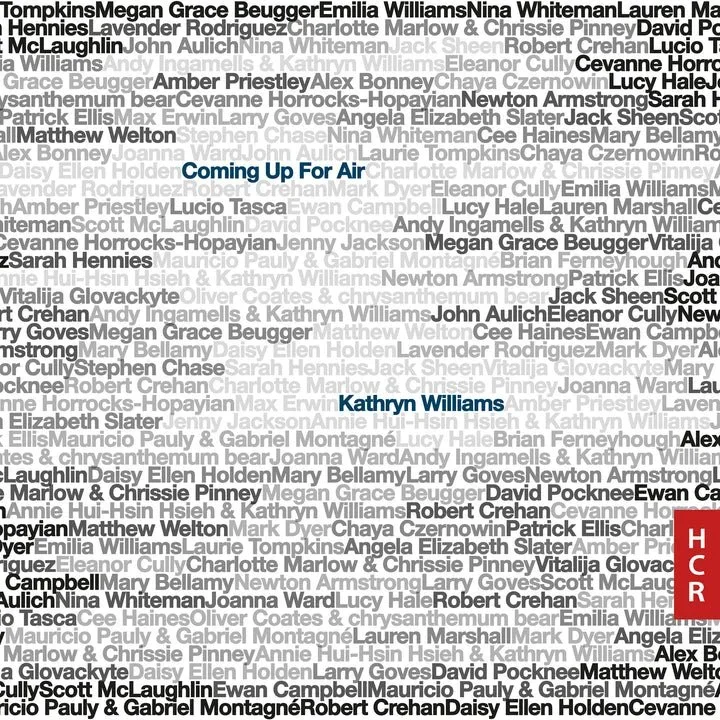 Text graphic with names of various people and the phrase 'Coming Up For Air' in blue, and the initials 'HCR' in white on a red background.