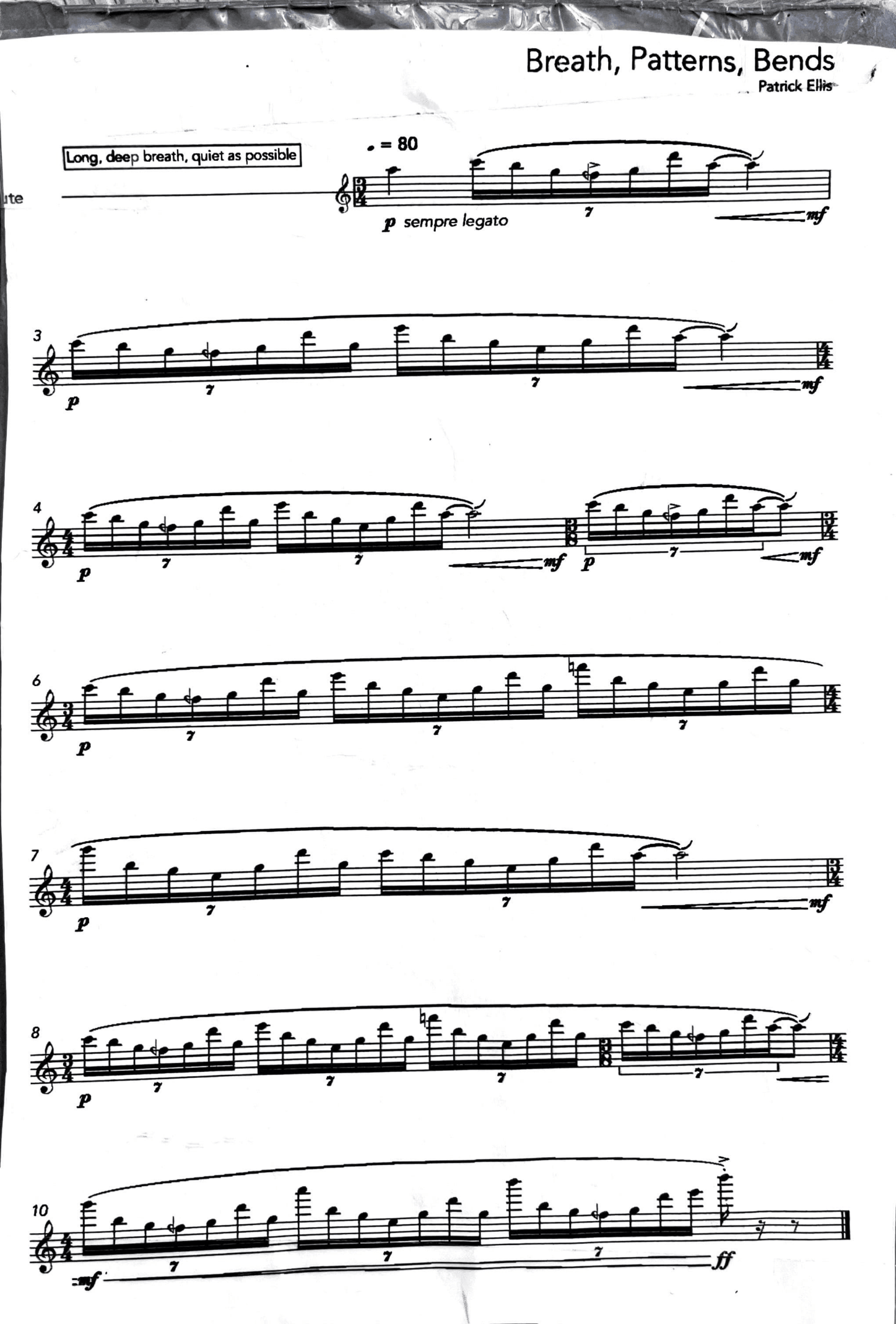 Sheet music titled "Breath, Patterns, Bends" by Patrick Ellis, with musical notation, tempo marking of 80, and performance instructions in various passages.