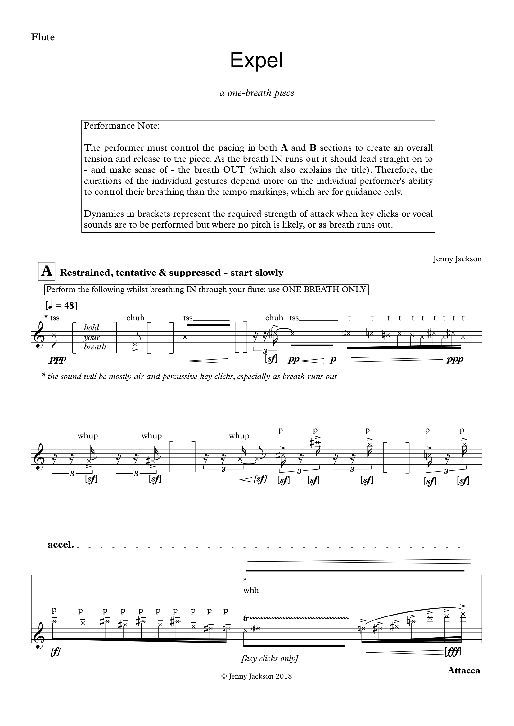 Sheet music for a flute piece titled "Expel" by Jenny Jackson. It includes performance notes about breath control and dynamics, and instructions for starting slowly with specific breathing and sound techniques.