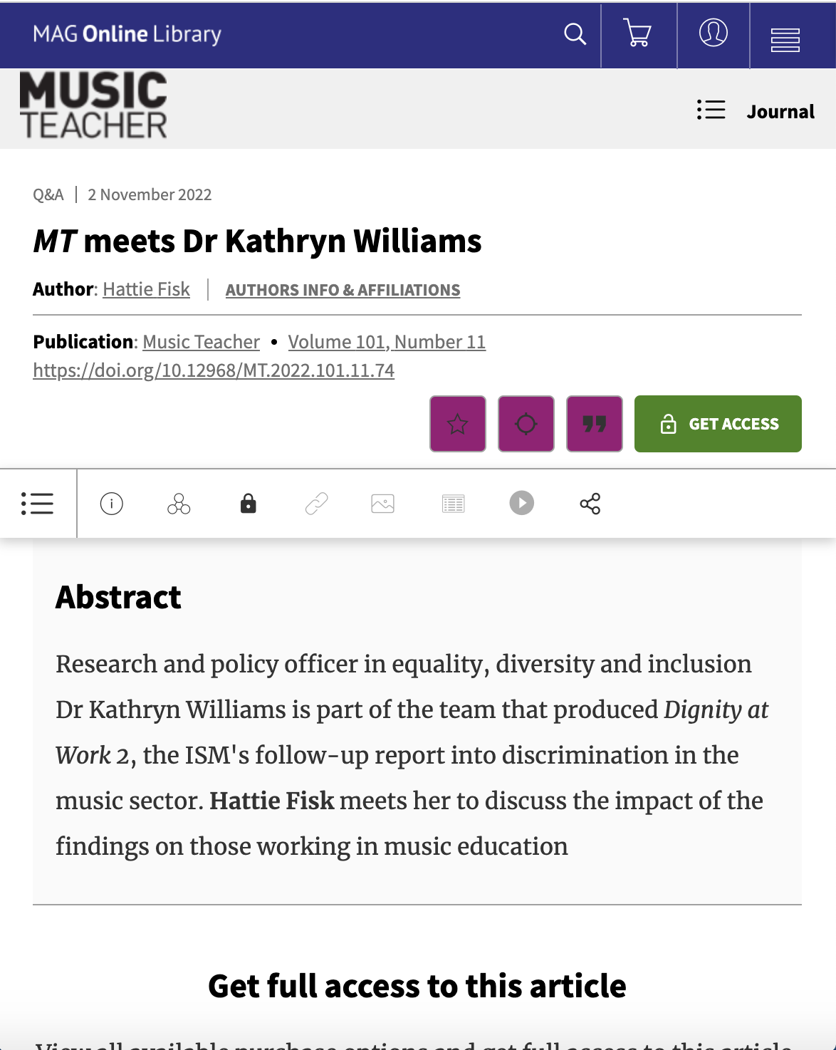 Screenshot of an online article titled "MT meets Dr Kathryn Williams" from Music Teacher journal, dated November 2, 2022, featuring article abstract and navigation icons.