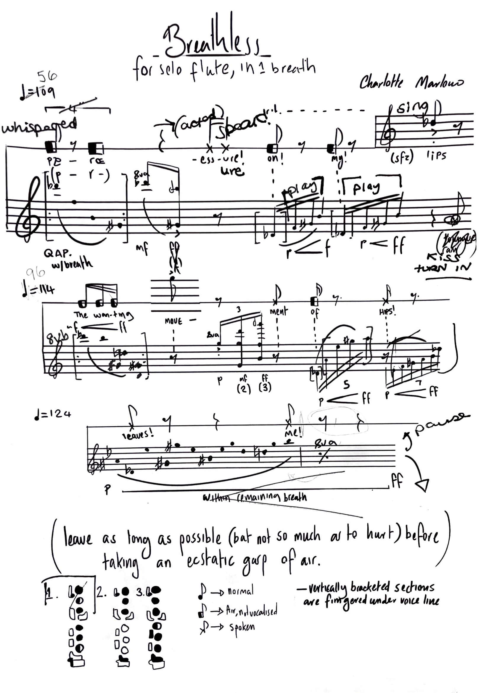 Handwritten sheet music for a solo flute piece titled 'Breatheless' by Charlotte Marlow, with musical notes, annotations, and instructions related to breath and playing techniques.