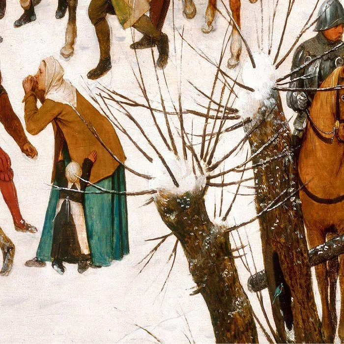 A painted scene with people, some on horseback, and a leafless tree with white blossoms.