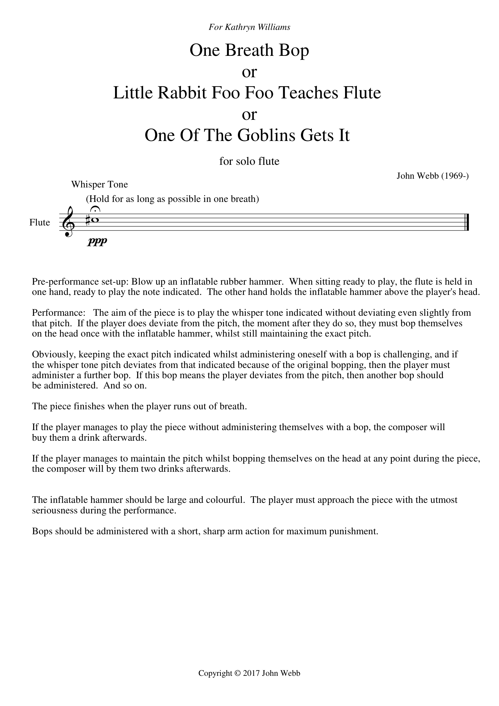 Sheet music and instructions for a comical solo flute piece titled 'One Breath Bop' or 'Little Rabbit Foo Foo Foo Teaches Flute' by John Webb, with detailed performance guidance.