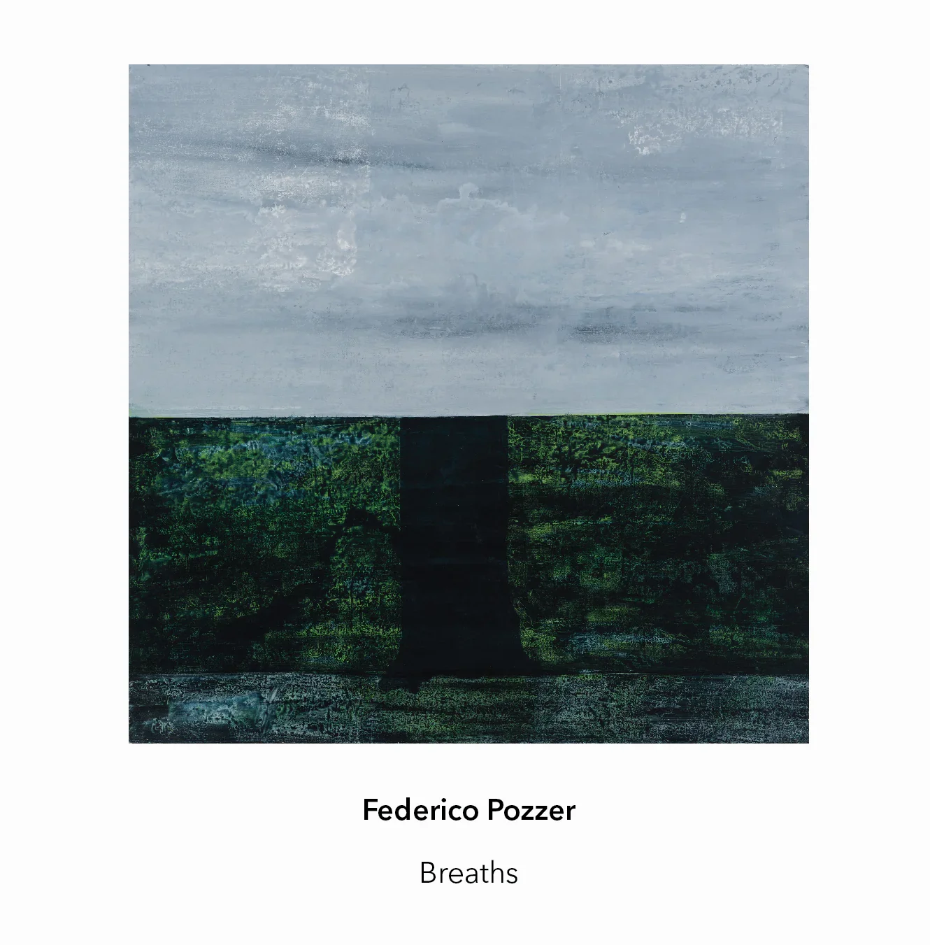 Abstract painting titled 'Breaths' by Federico Pozzer, depicting a landscape with a dark tree silhouette on green grass under a cloudy, gray sky.