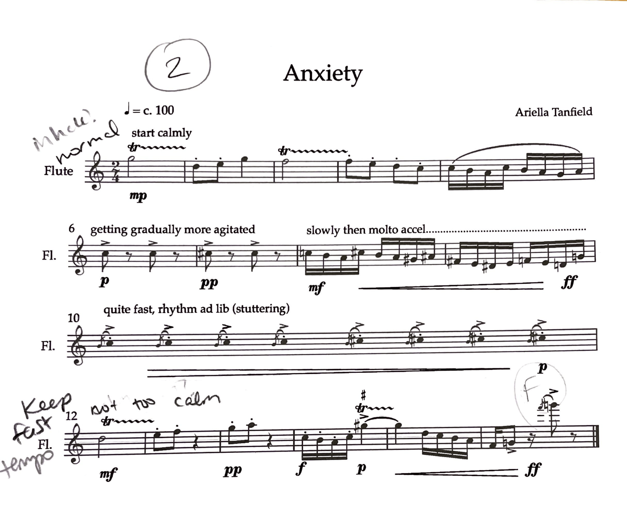 Sheet music titled 'Anxiety' by Ariella Tanfield for flute, with handwritten notes and markings including 'inhaled', 'normal', 'start calmly', 'getting gradually more agitated', 'slowly then molto accel', 'keep fast tempo', and dynamic markings like 