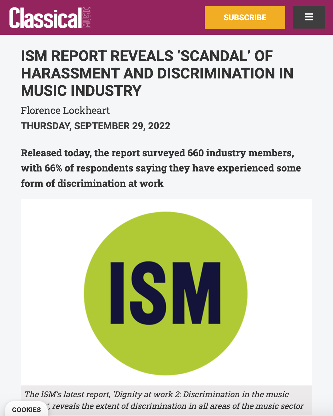 Screenshot of a news article from Classical Music website about an ISM report on harassment and discrimination in the music industry, including a green circle with the black letters "ISM" in it.