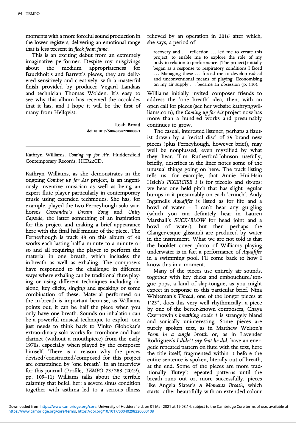 A page from a scholarly journal with text discussing music projects, compositions, and artists.