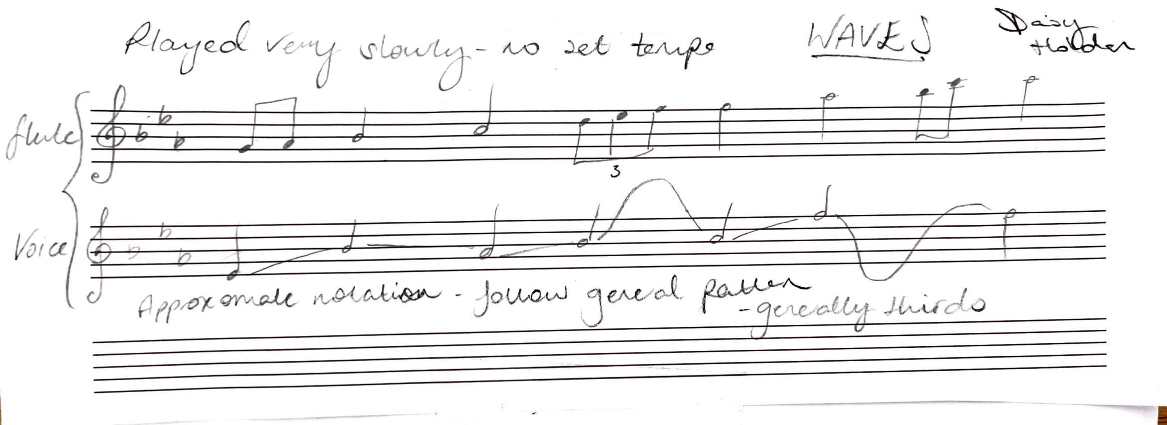 Handwritten sheet of music with musical notes, annotations, and lyrics.