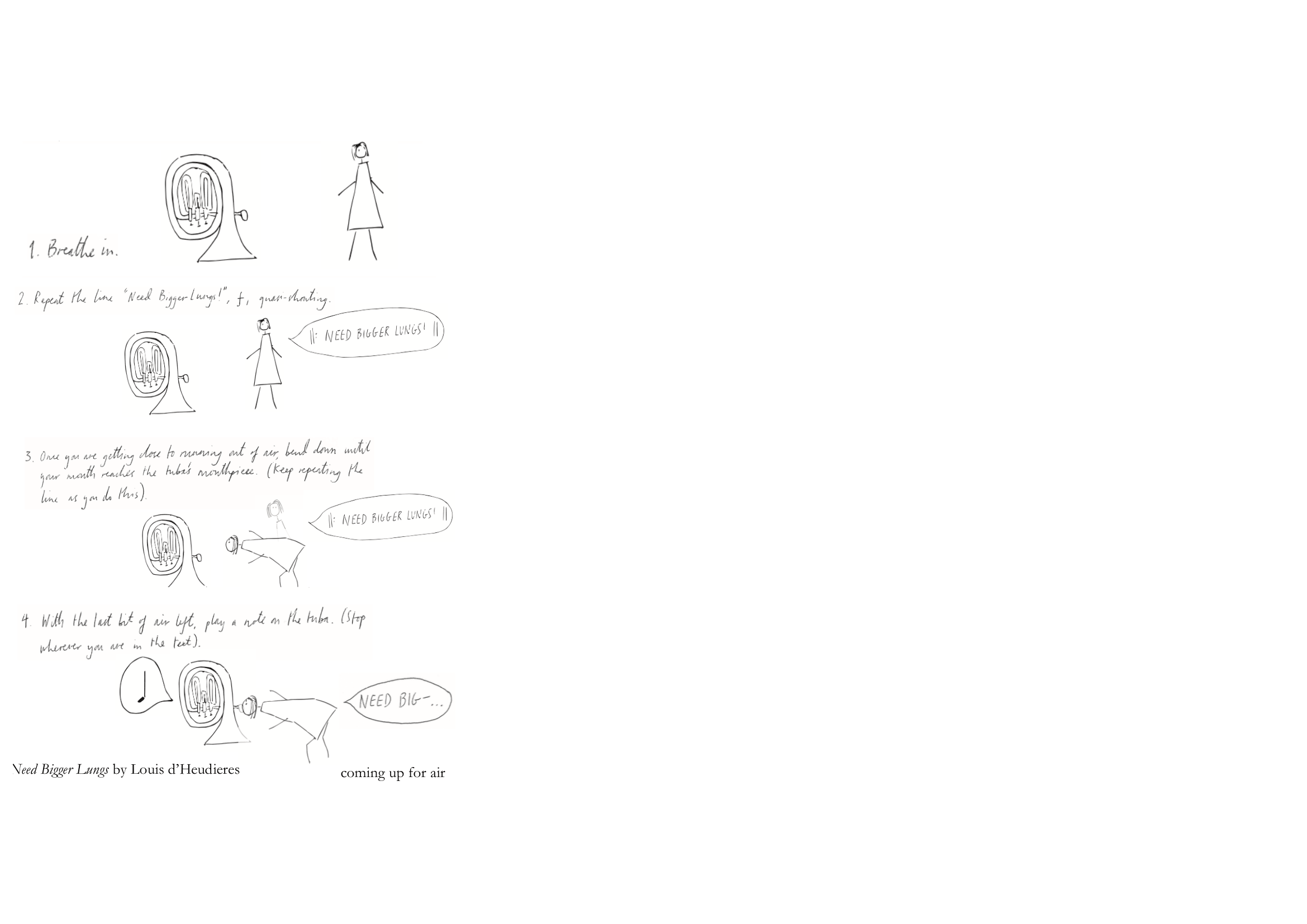 Step-by-step hand-drawn instructions for breathing exercise titled 'Need Bigger Lungs' by Louis d'Heudieres. Includes illustrations of a person and a lung machine, with text explaining how to breathe deeply, repeat the phrase 'Need Bigger Lungs,' and