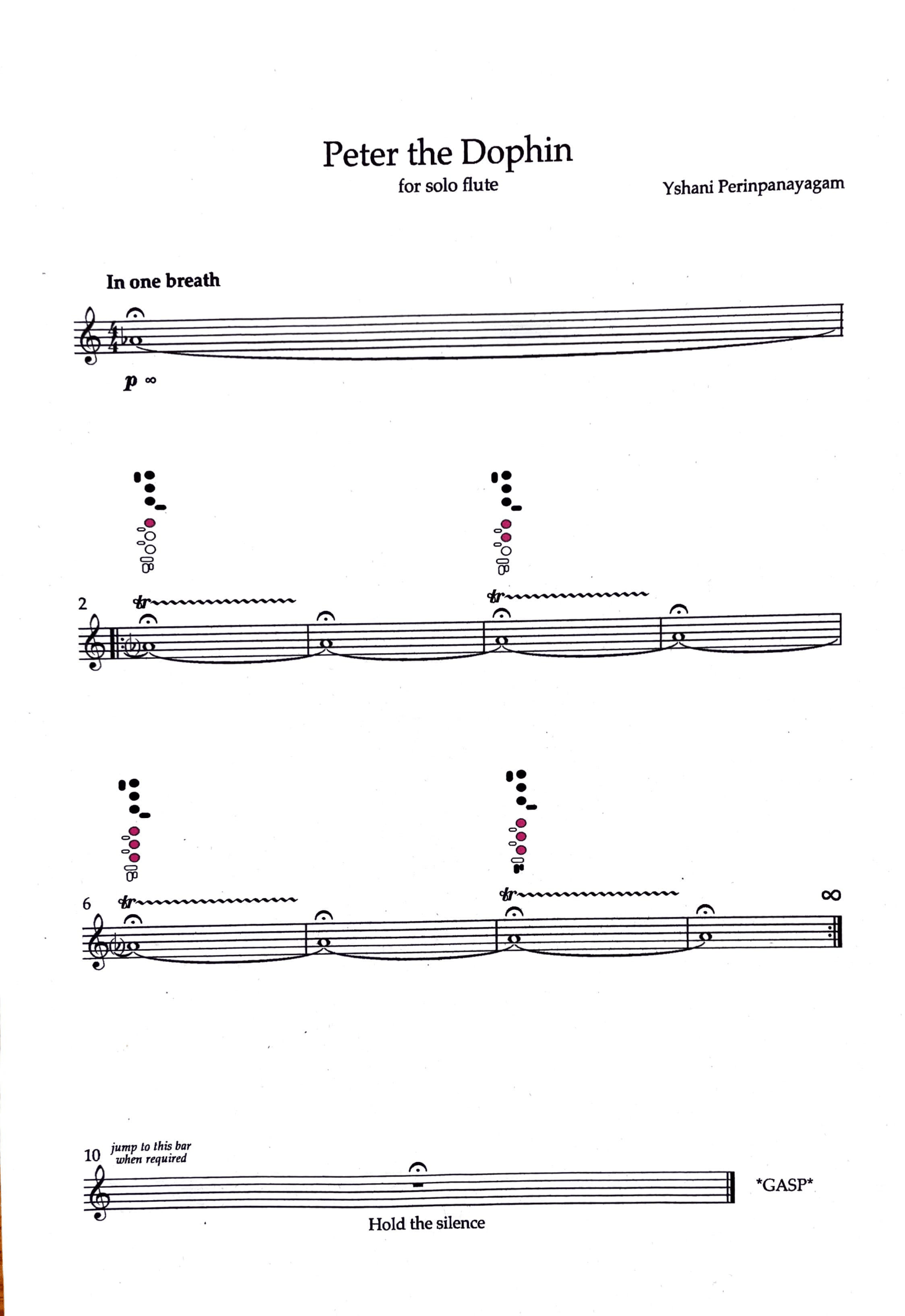 Sheet music titled 'Peter the Dolphin' composed by Yshani Perinpanayagam for solo flute, with musical notes, annotations, and fingerings for flute.