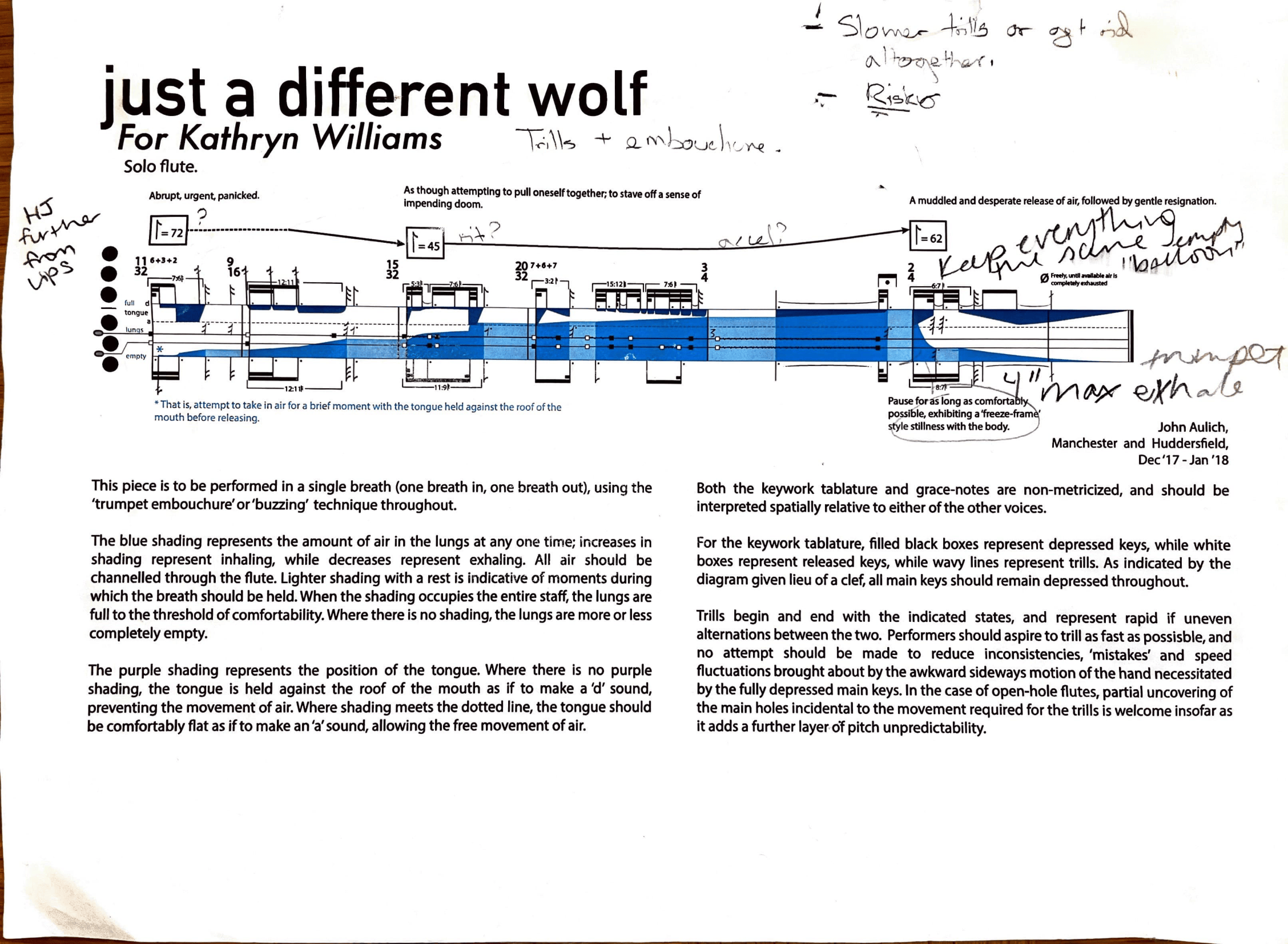 Sheet music with hand-written notes and annotations, titled "just a different wolf" by Kathryn Williams. It features a graphical representation of a breathing pattern for a musical piece, with shaded areas indicating airflow and tongue position, and 