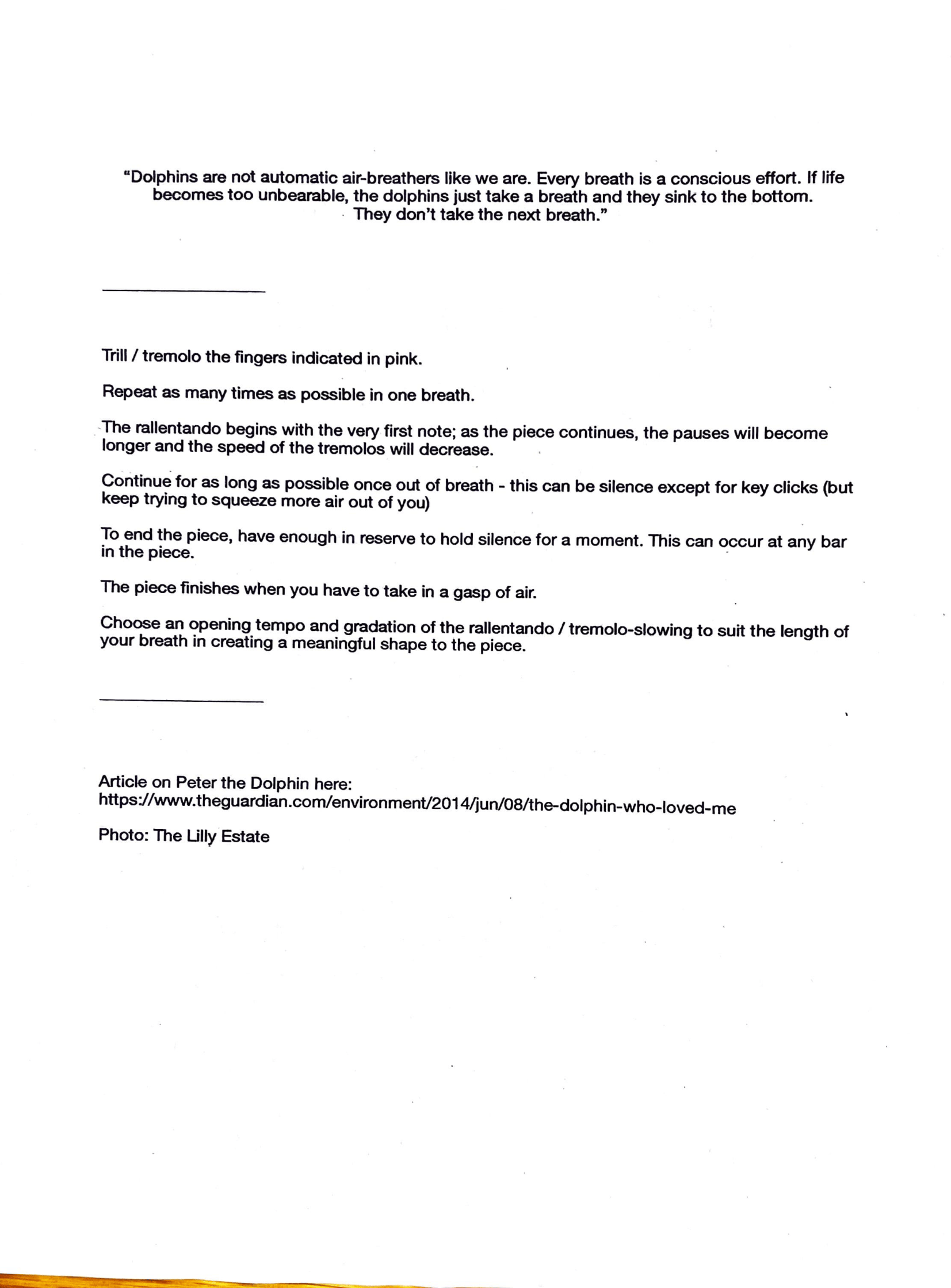 A typed document discussing dolphin breathing and a breathing exercise involving pinky finger tremolo or tremolo, with references to an article on The Guardian and a photo credited to The Lilly Estate.