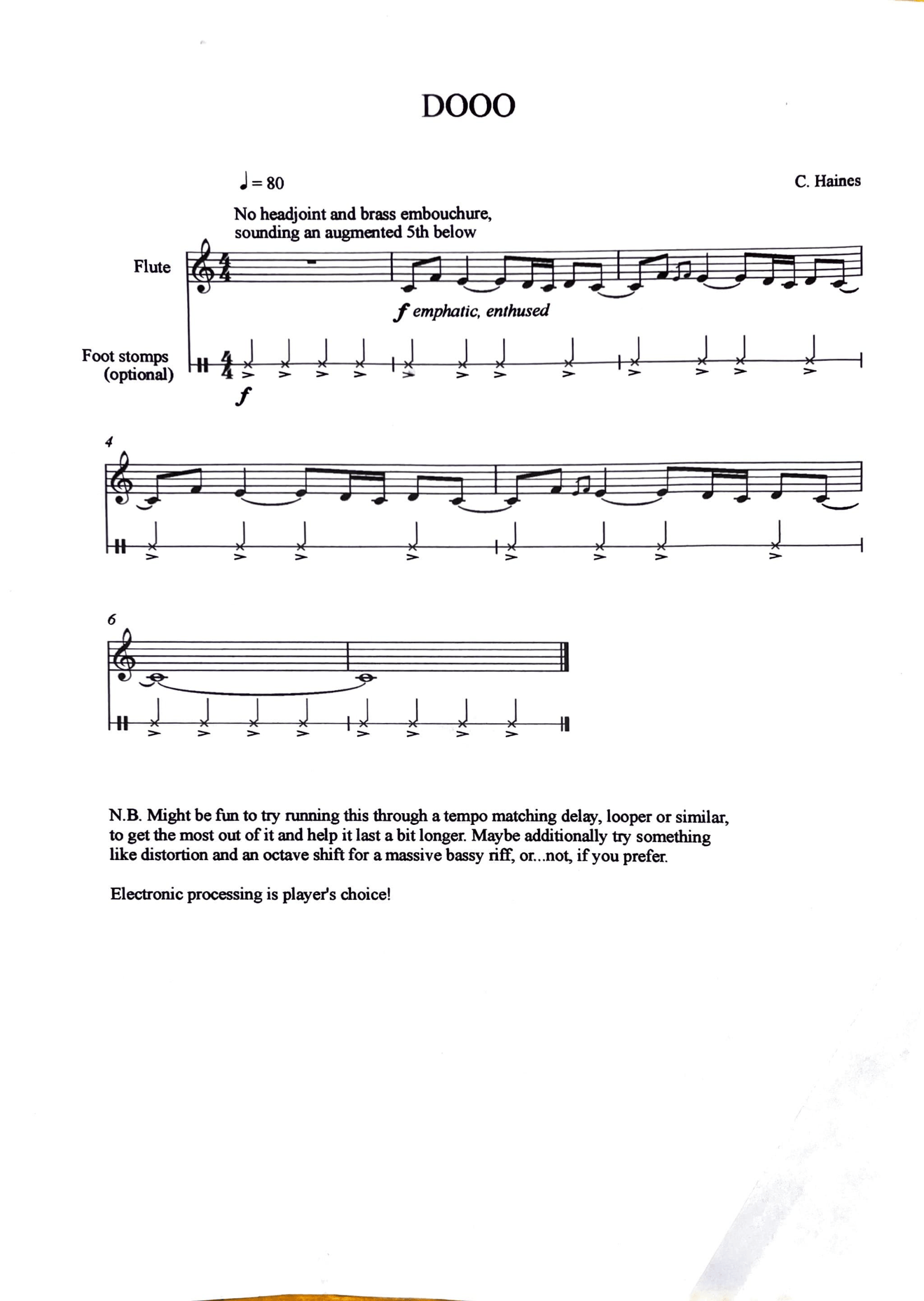 Music sheet titled 'DOOO' with instructions for flute and optional foot stomps, including tempo markings and expressive notes.