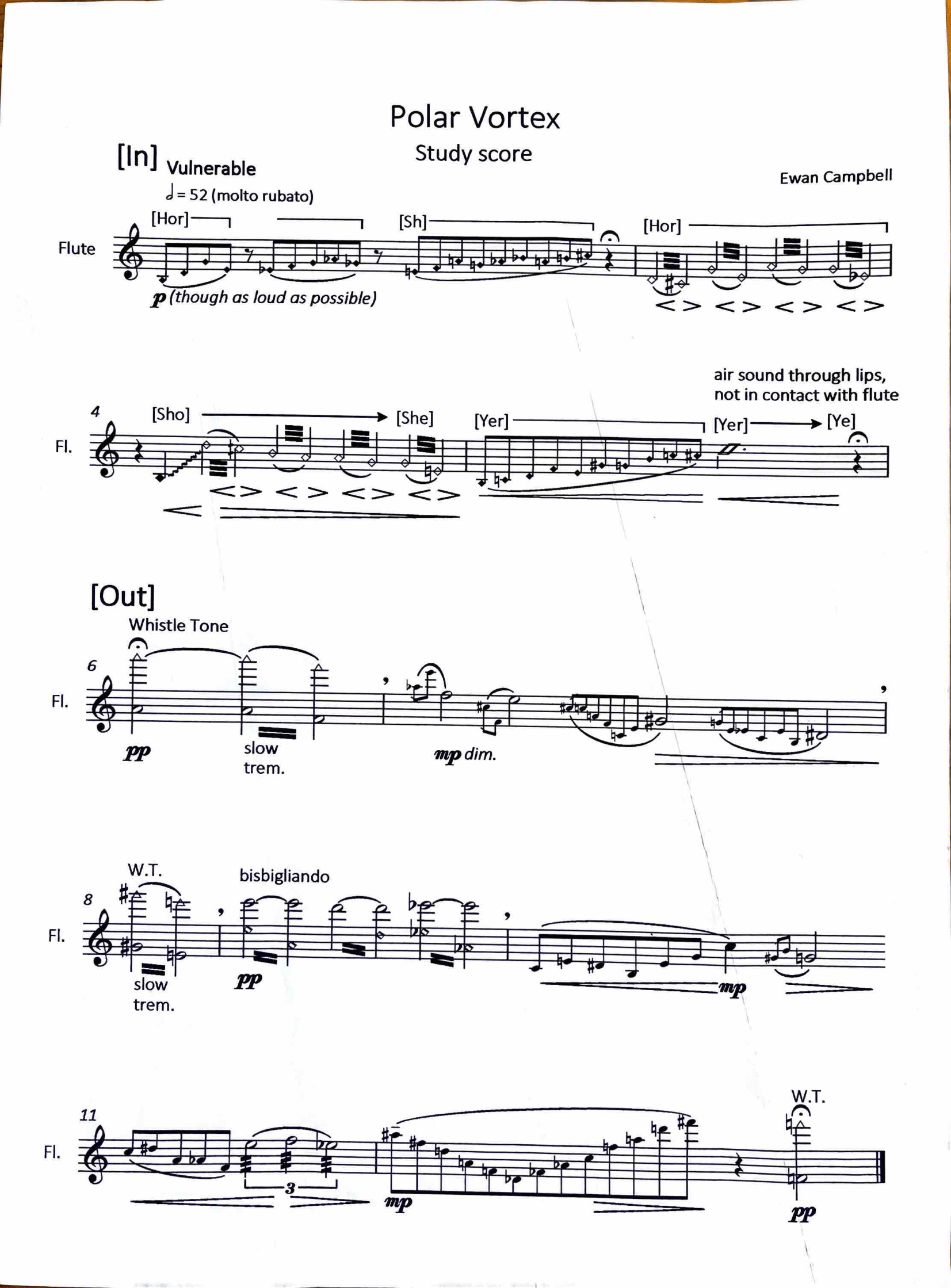 Sheet music titled 'Polar Vortex' by Ewan Campbell for flute, featuring musical notes, performance instructions, and annotations for sound effects.