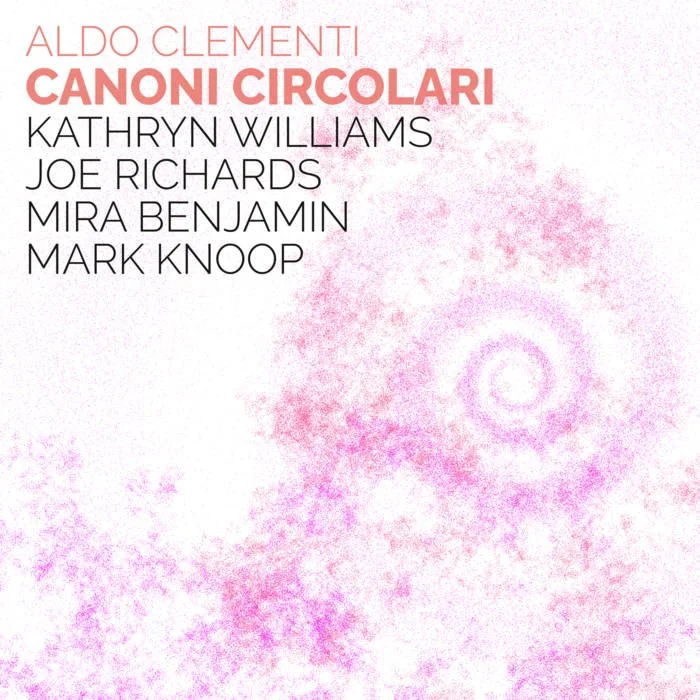 Album cover with pink, purple, and white spiral pattern background, black and pink text listing names and the title 'Aldo Clementi Canoni Circolari'.