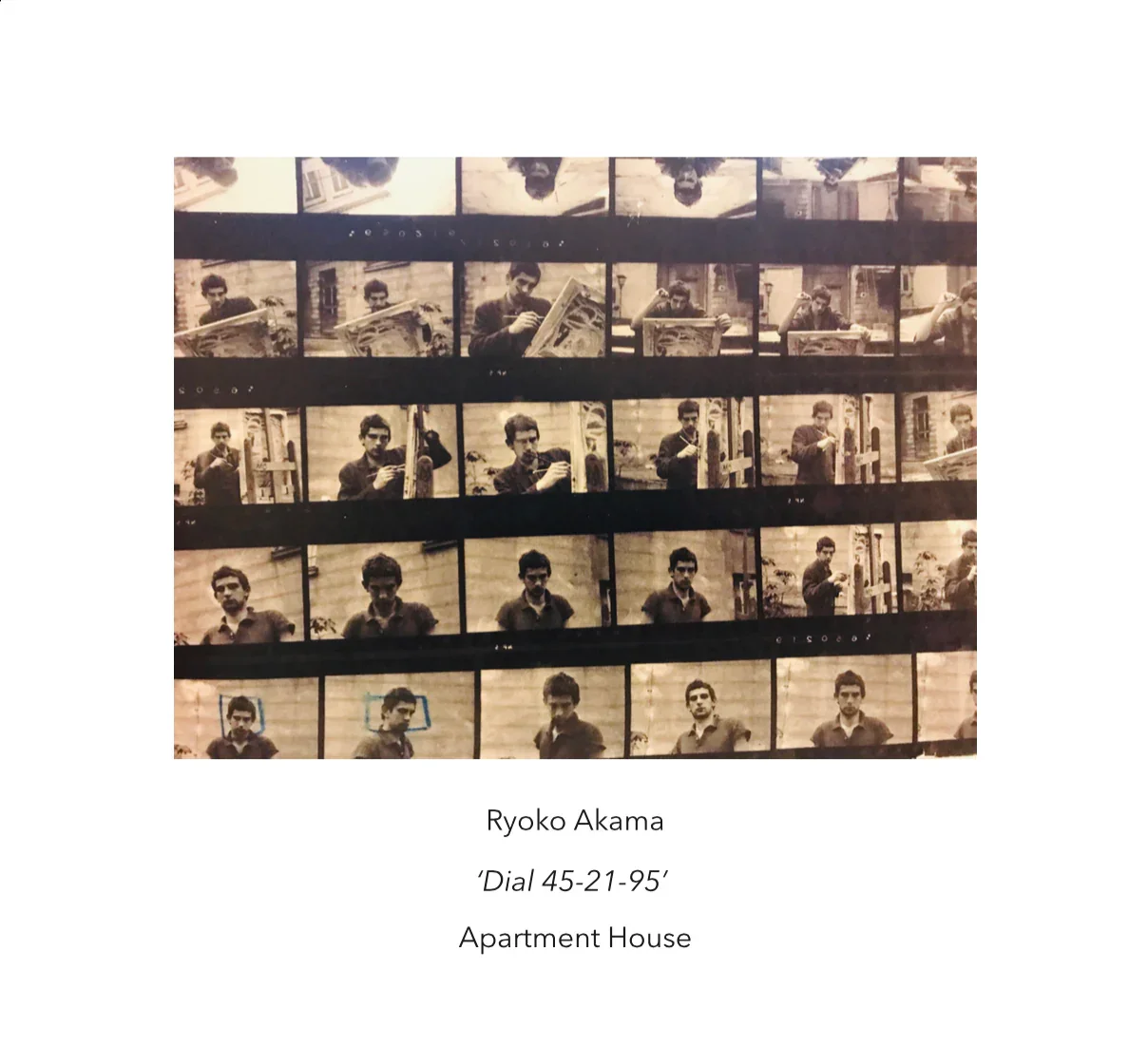 Series of photographic contact sheets featuring a man taking self-portraits with a camera, in various poses and settings, in front of a building.