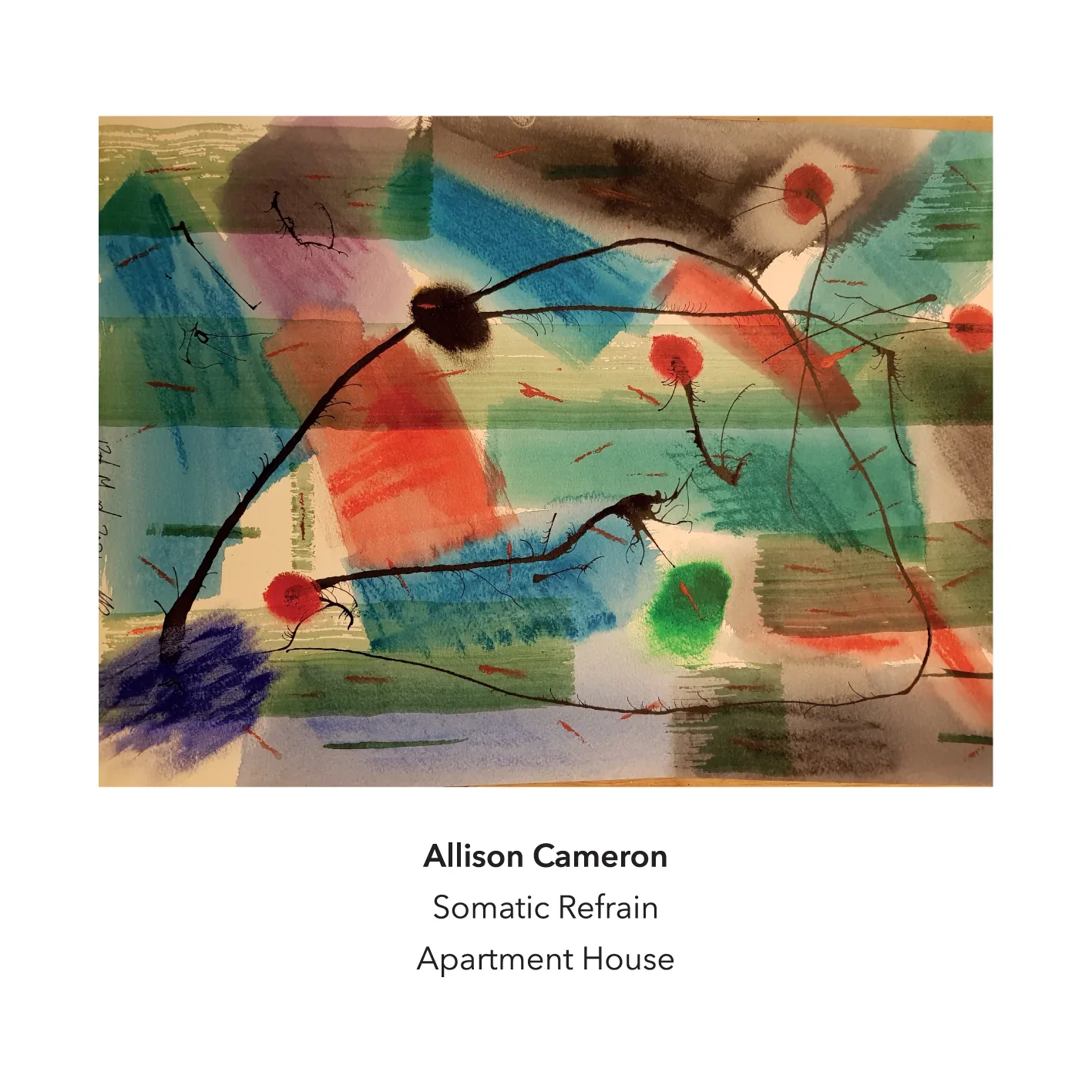 Abstract watercolor painting with black branch-like lines and red, green, blue, purple, and brown patches of color, with the artist's name and artwork details below.