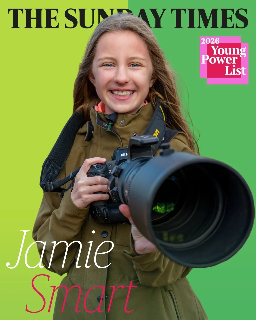 Cover of The Sunday Times Young Power List 2026 featuring Jamie - Eagle Eyed Girl  with long light brown hair holding a camera with a large lens against a green background.